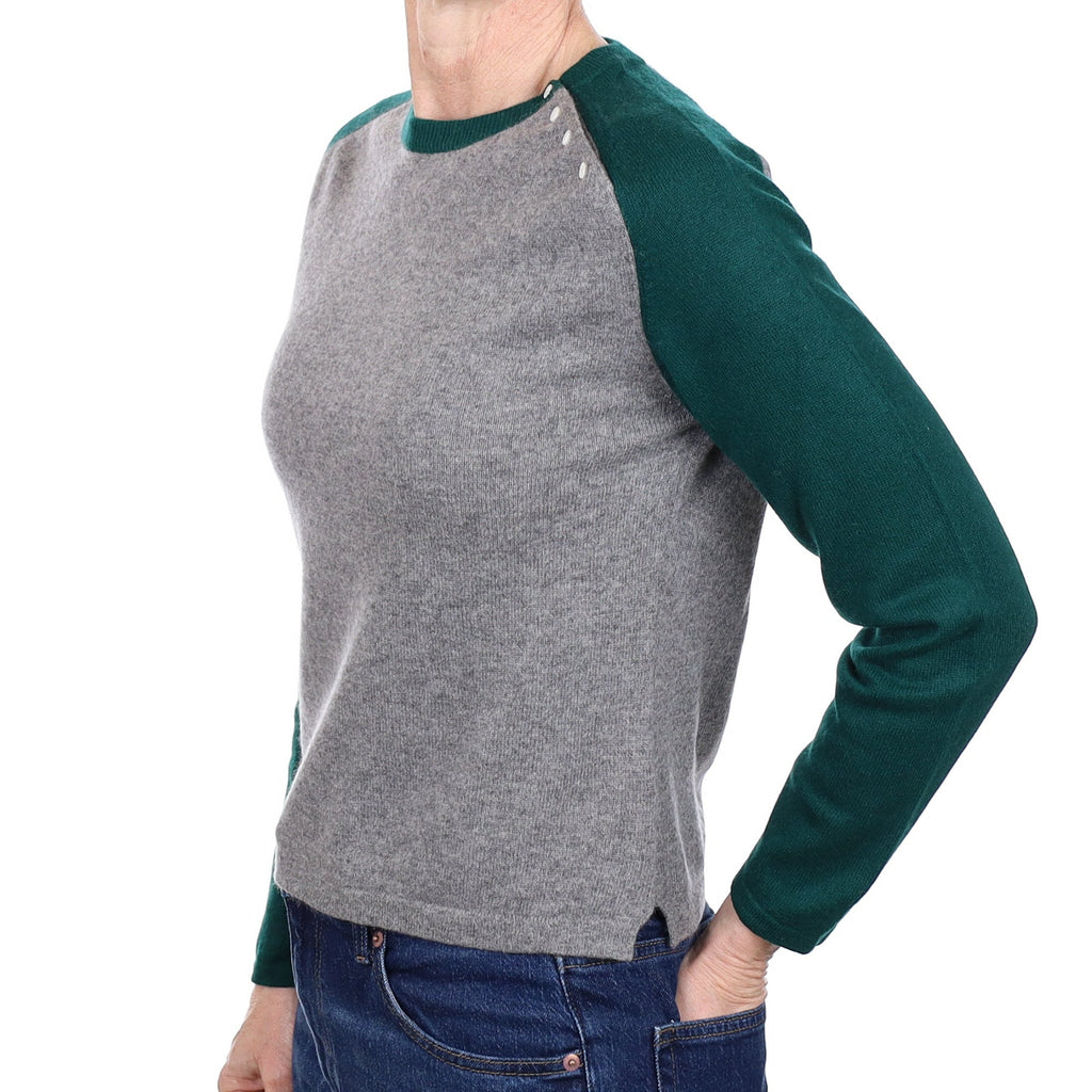 Grey and Green Colour Block Cashmere Crew Neck Jumper Small