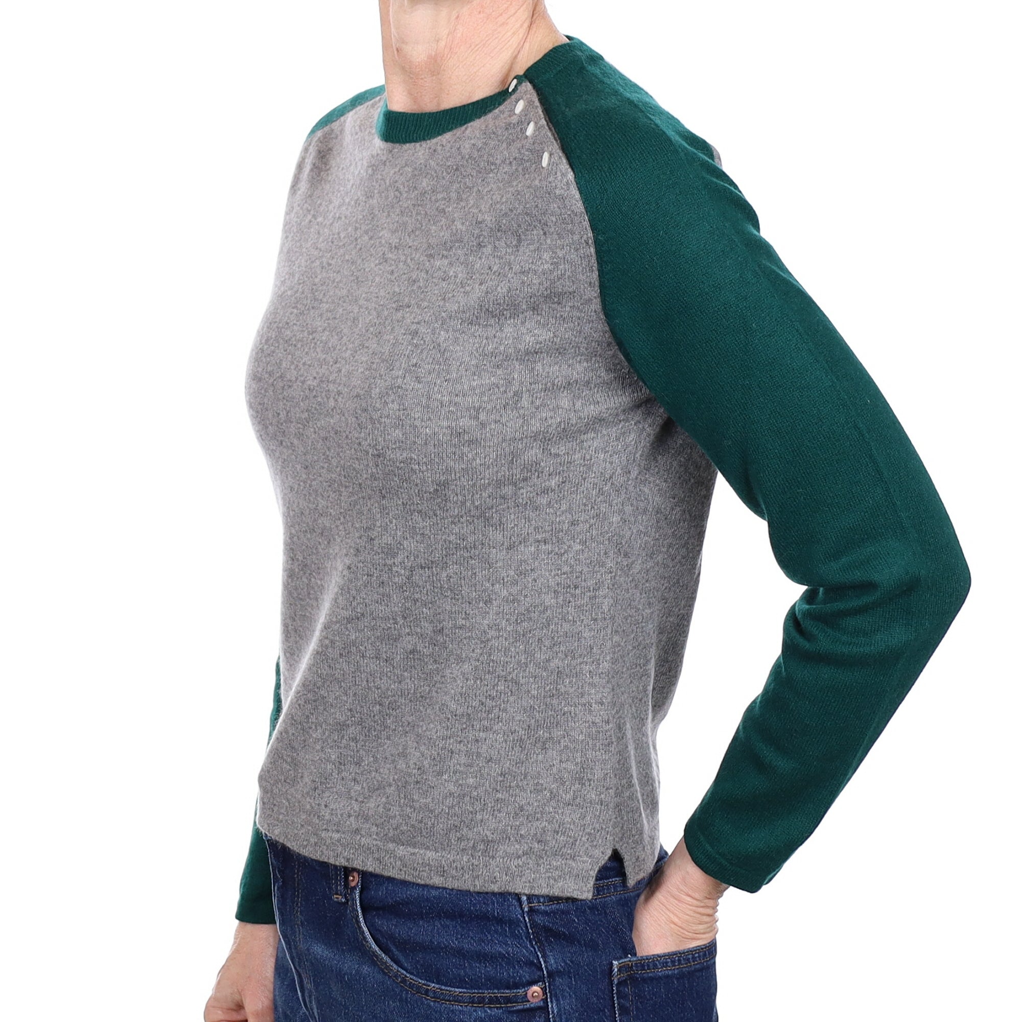 Grey and Green Colour Block Cashmere Crew Neck Jumper Small
