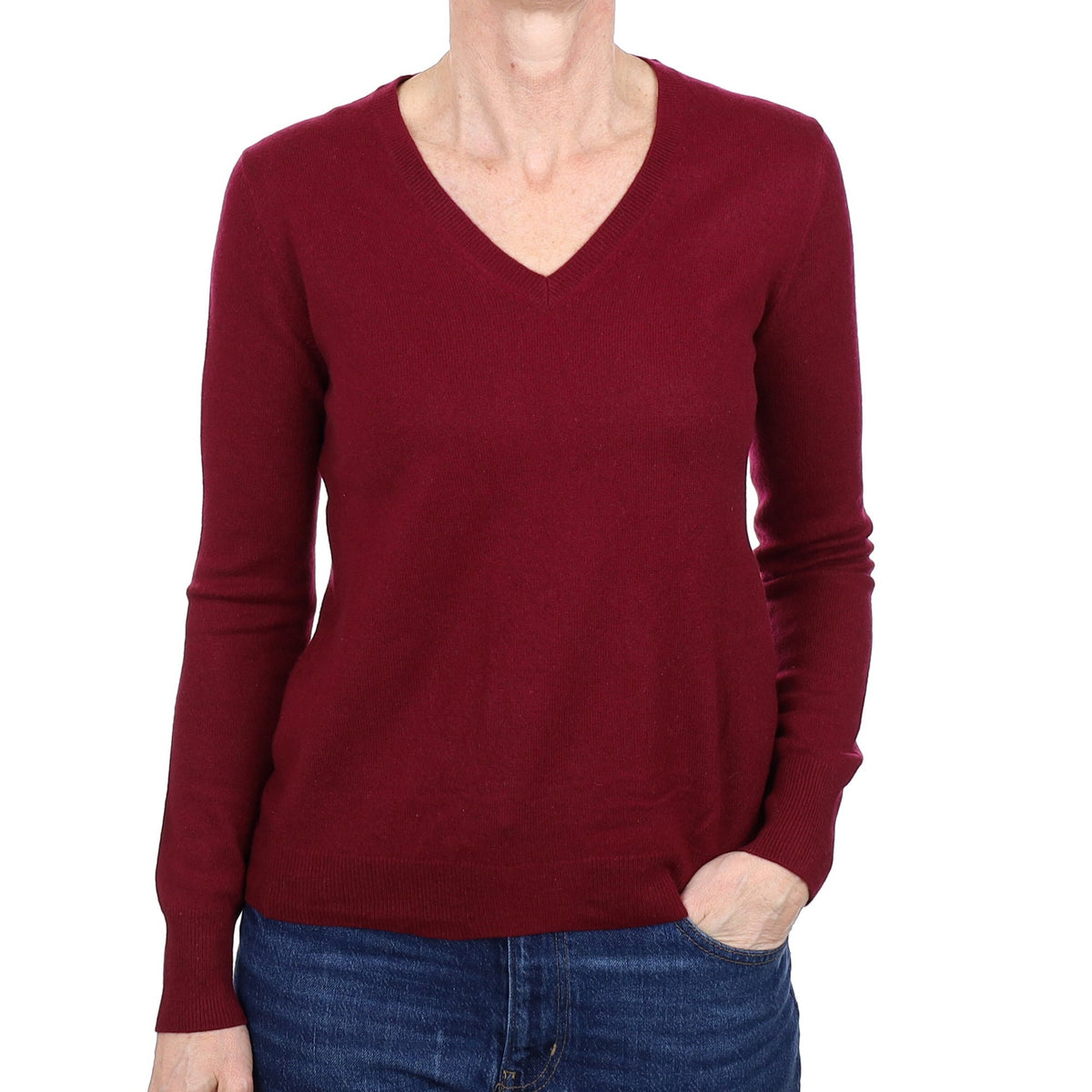 Wine Red Cashmere V Neck Jumper Small