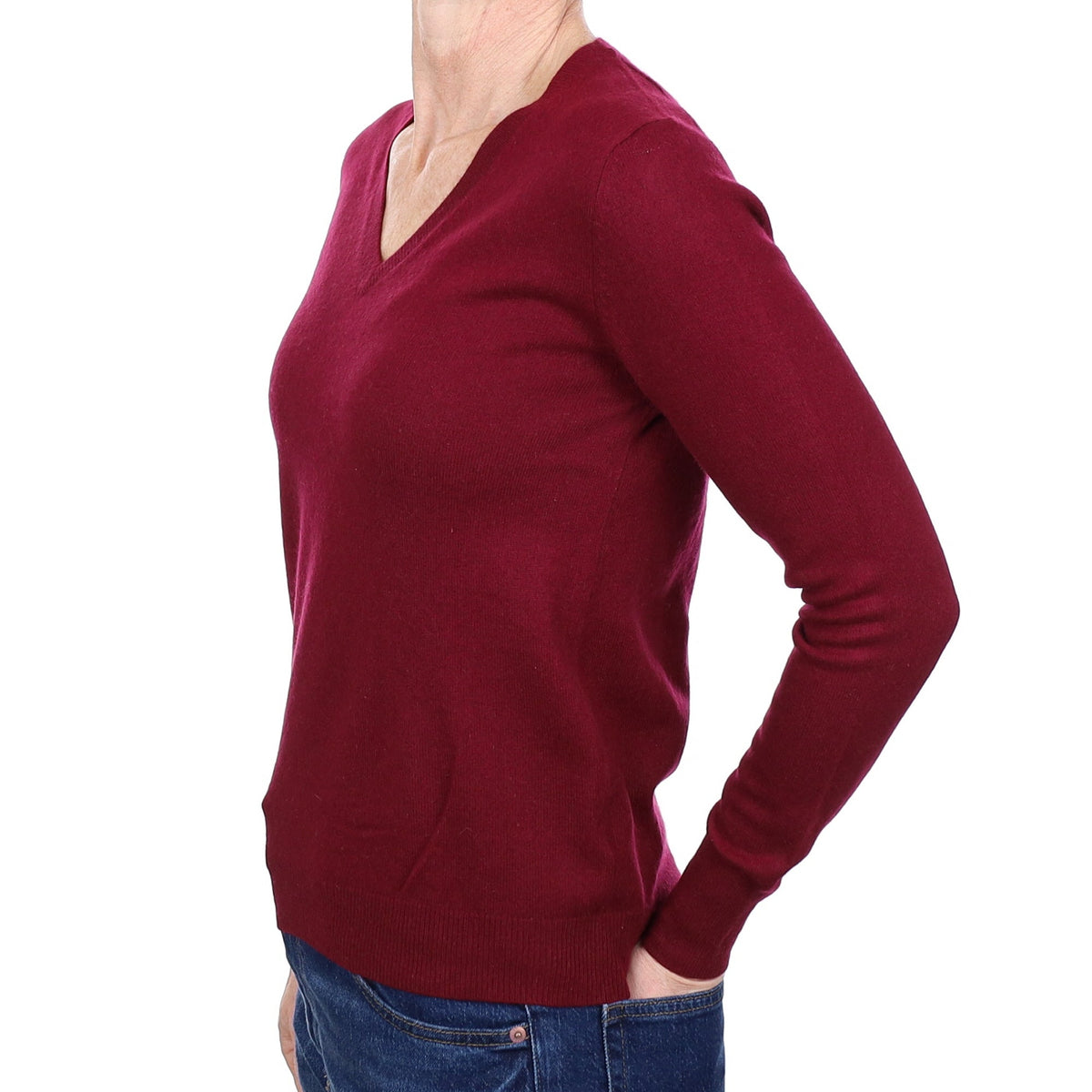 Wine Red Cashmere V Neck Jumper Small