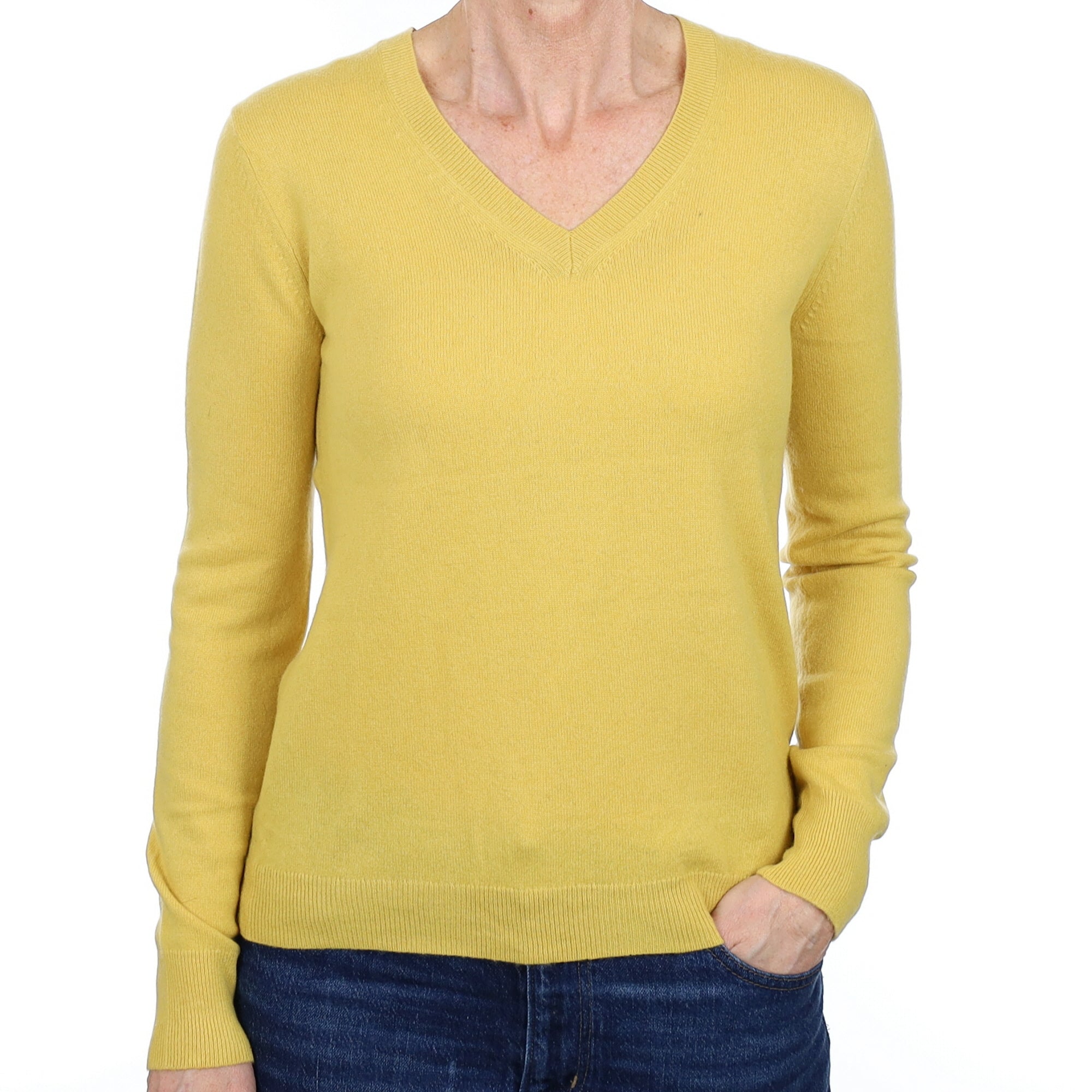 Flaxen Yellow Cashmere V Neck Jumper Small
