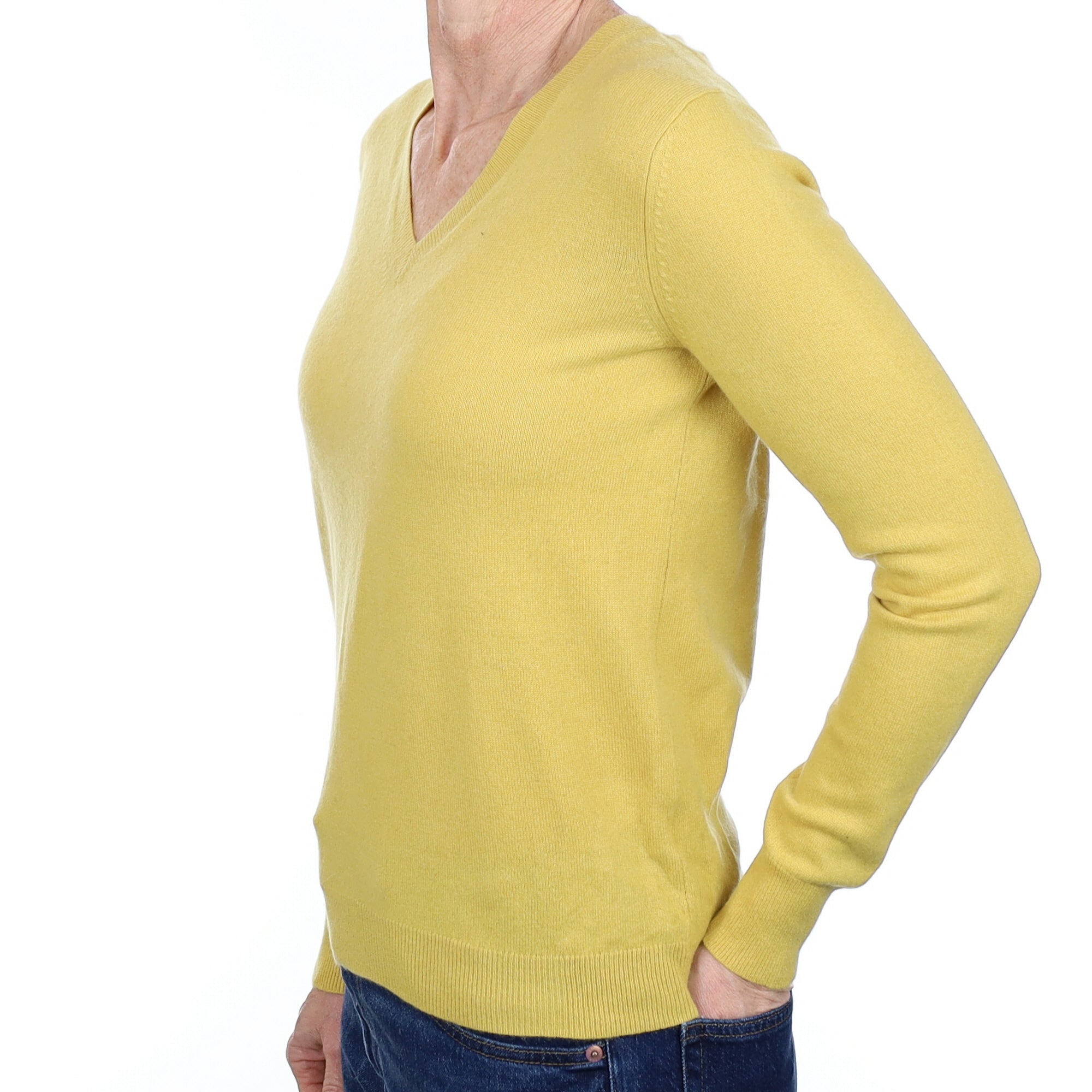 Flaxen Yellow Cashmere V Neck Jumper Small