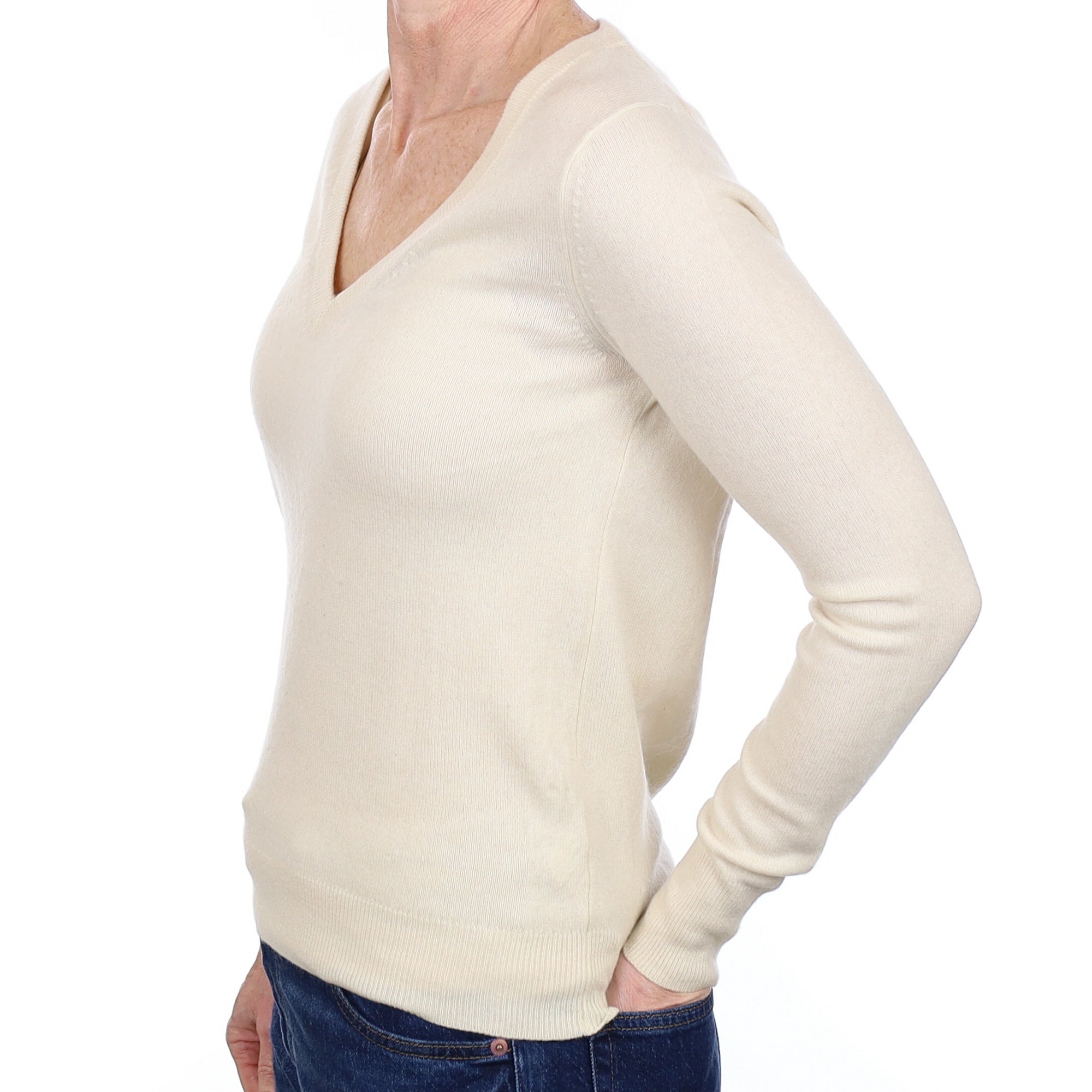 Vanilla Cream Cashmere V Neck Jumper Small
