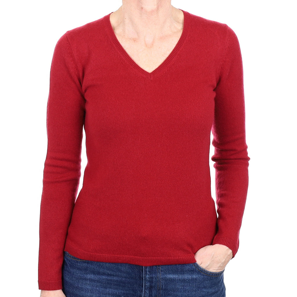 Burgundy Red Cashmere V Neck Jumper Small