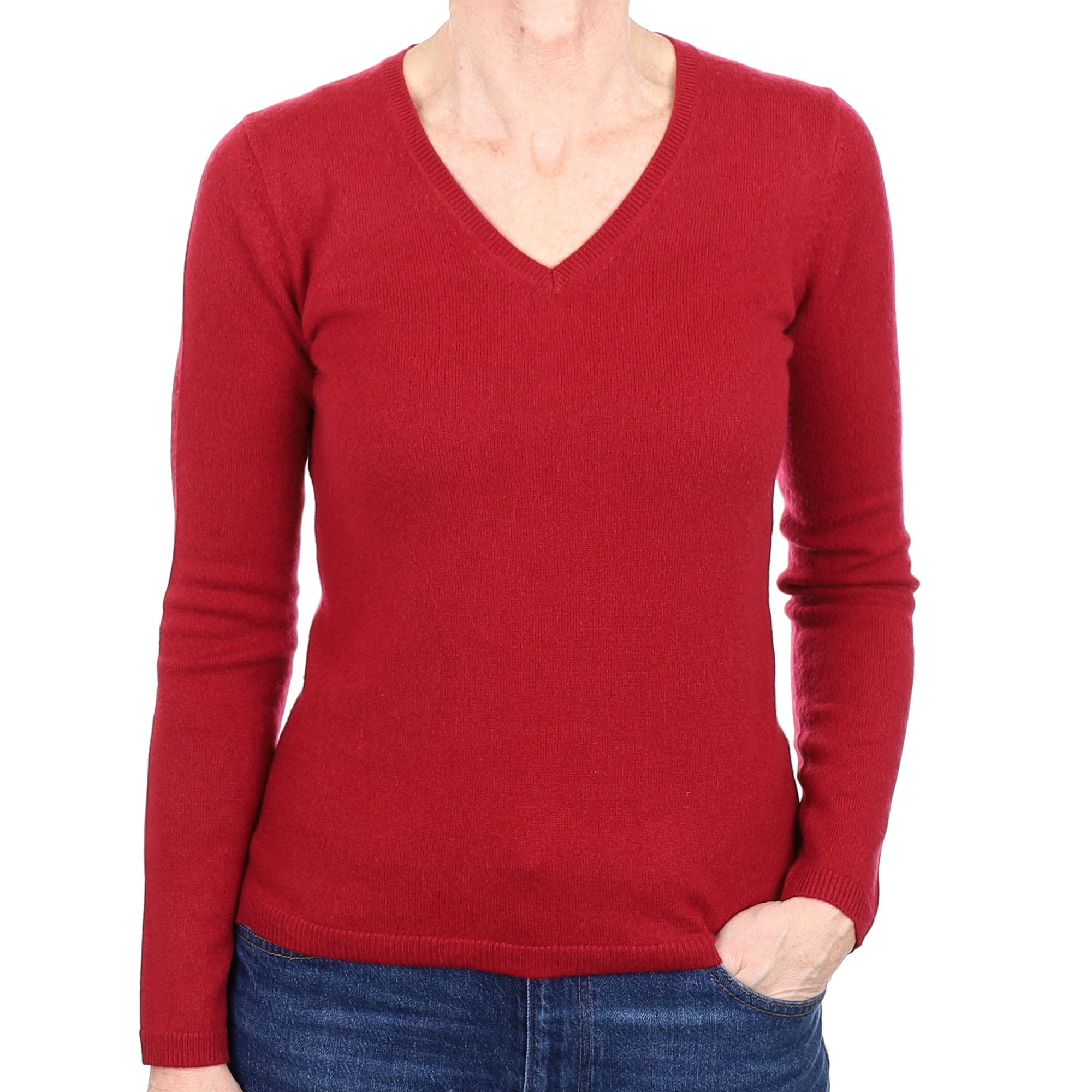 Burgundy Red Cashmere V Neck Jumper Small