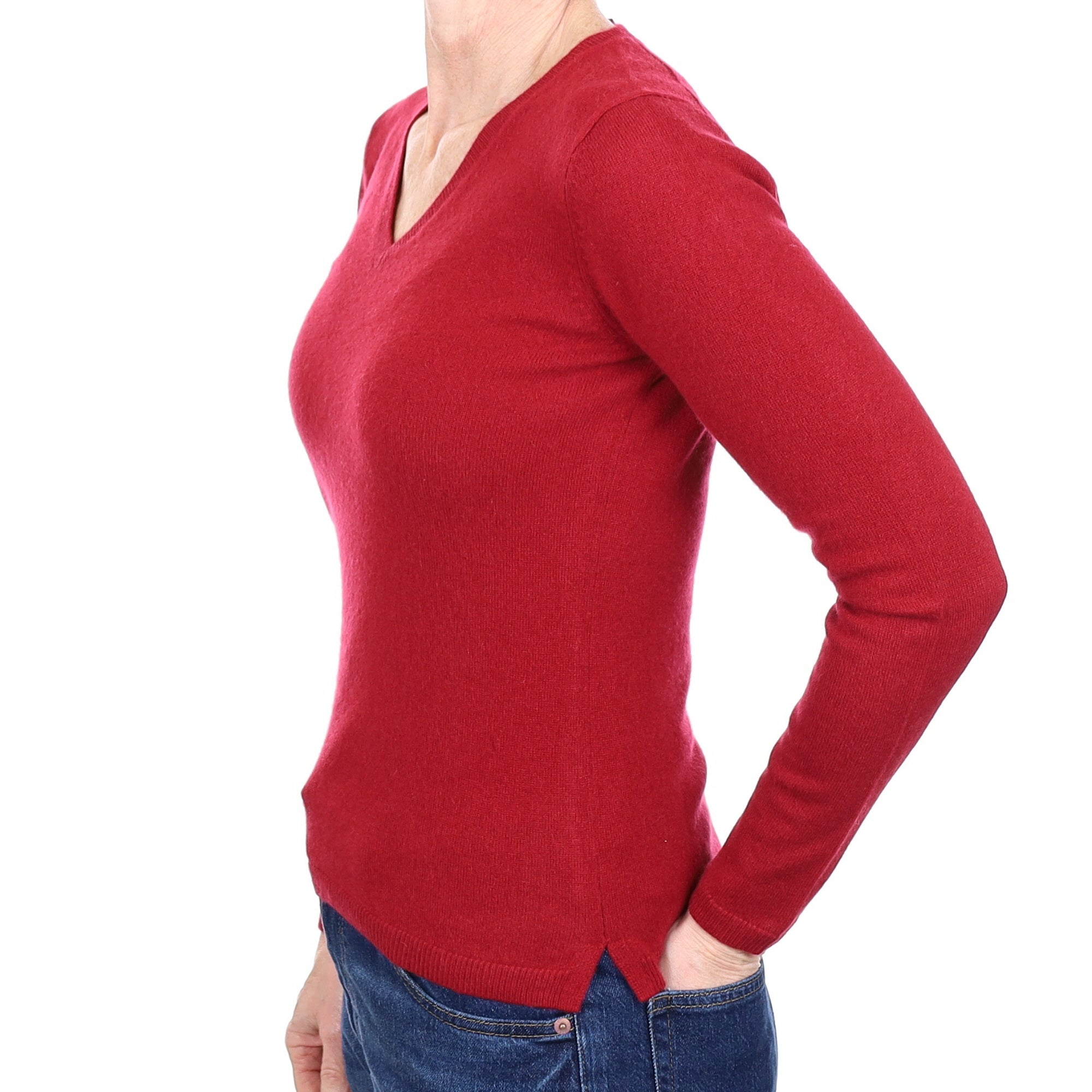 Burgundy Red Cashmere V Neck Jumper Small