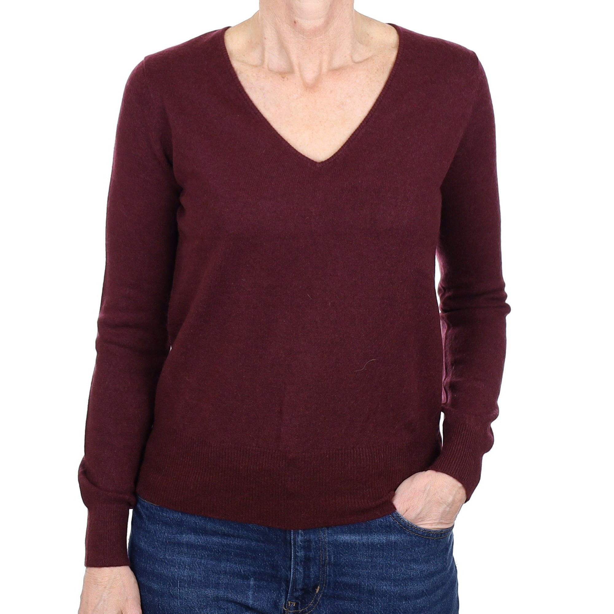 Wine Red Cashmere V Neck Jumper Small