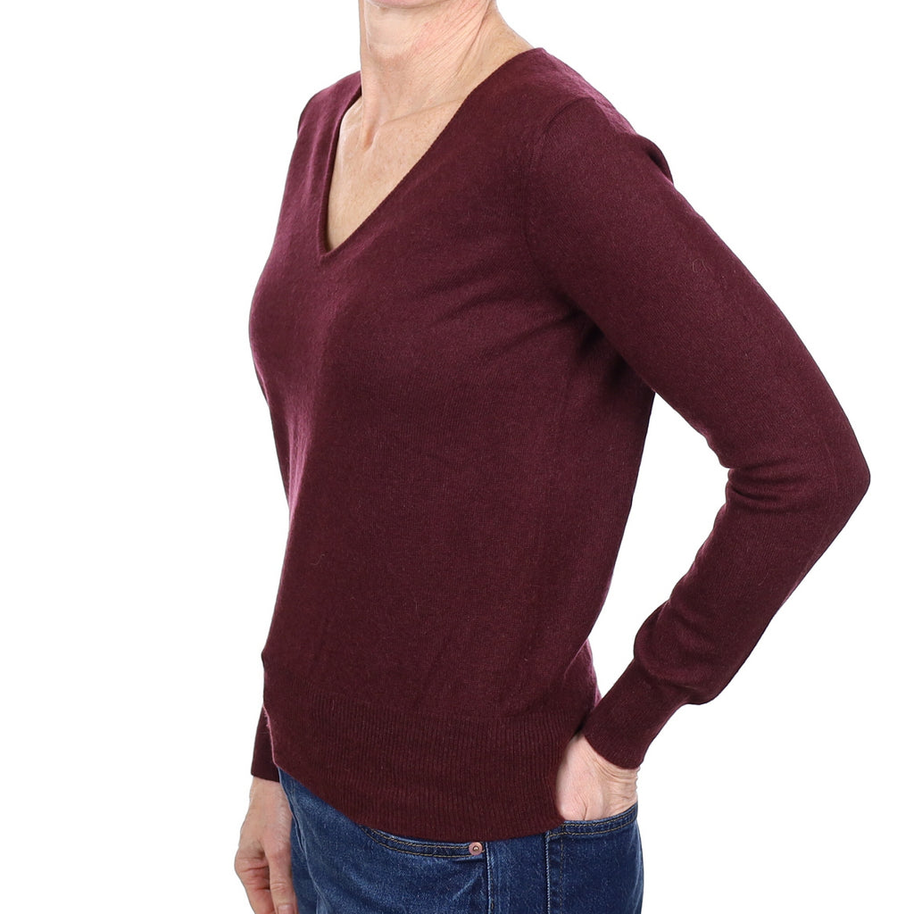 Wine Red Cashmere V Neck Jumper Small