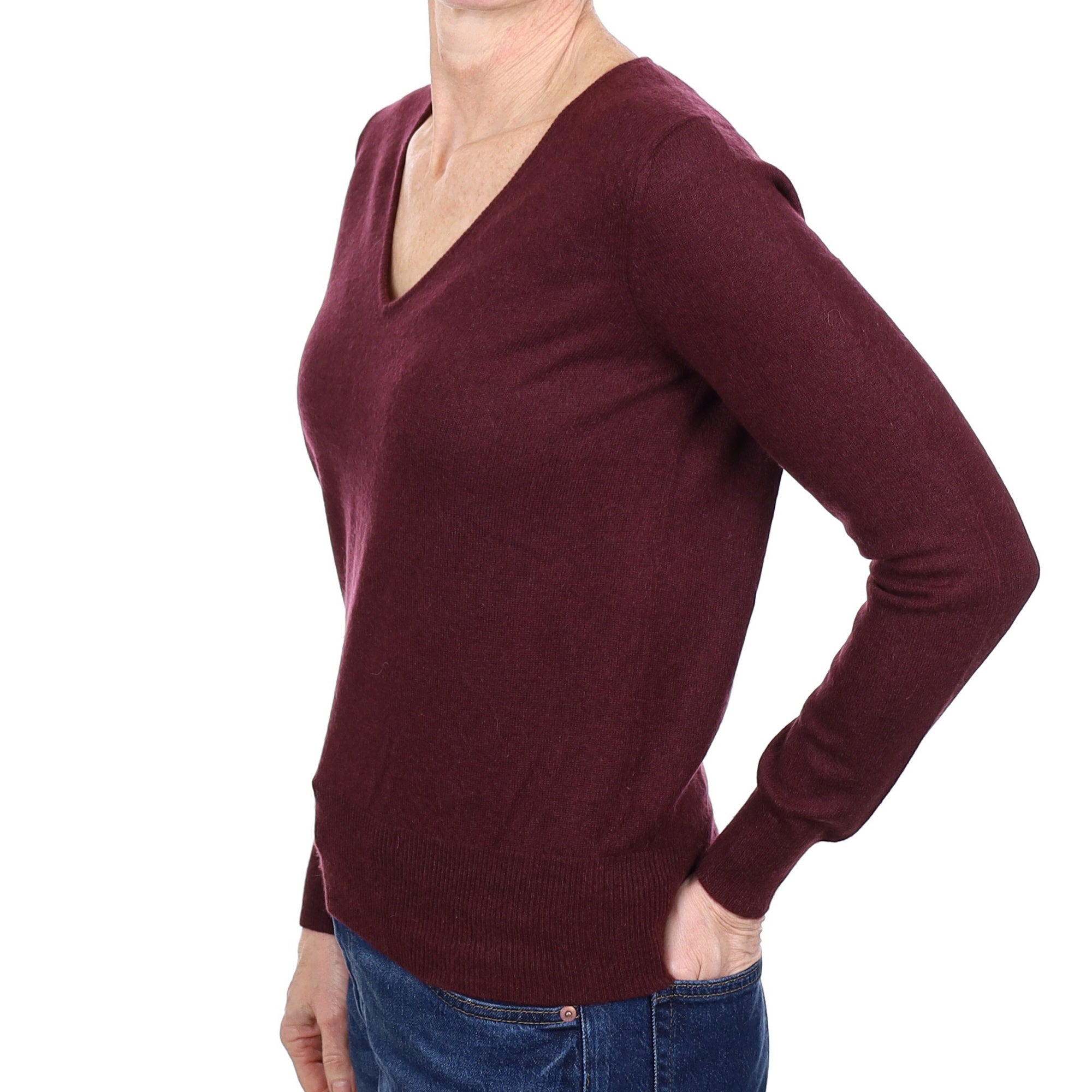 Wine Red Cashmere V Neck Jumper Small
