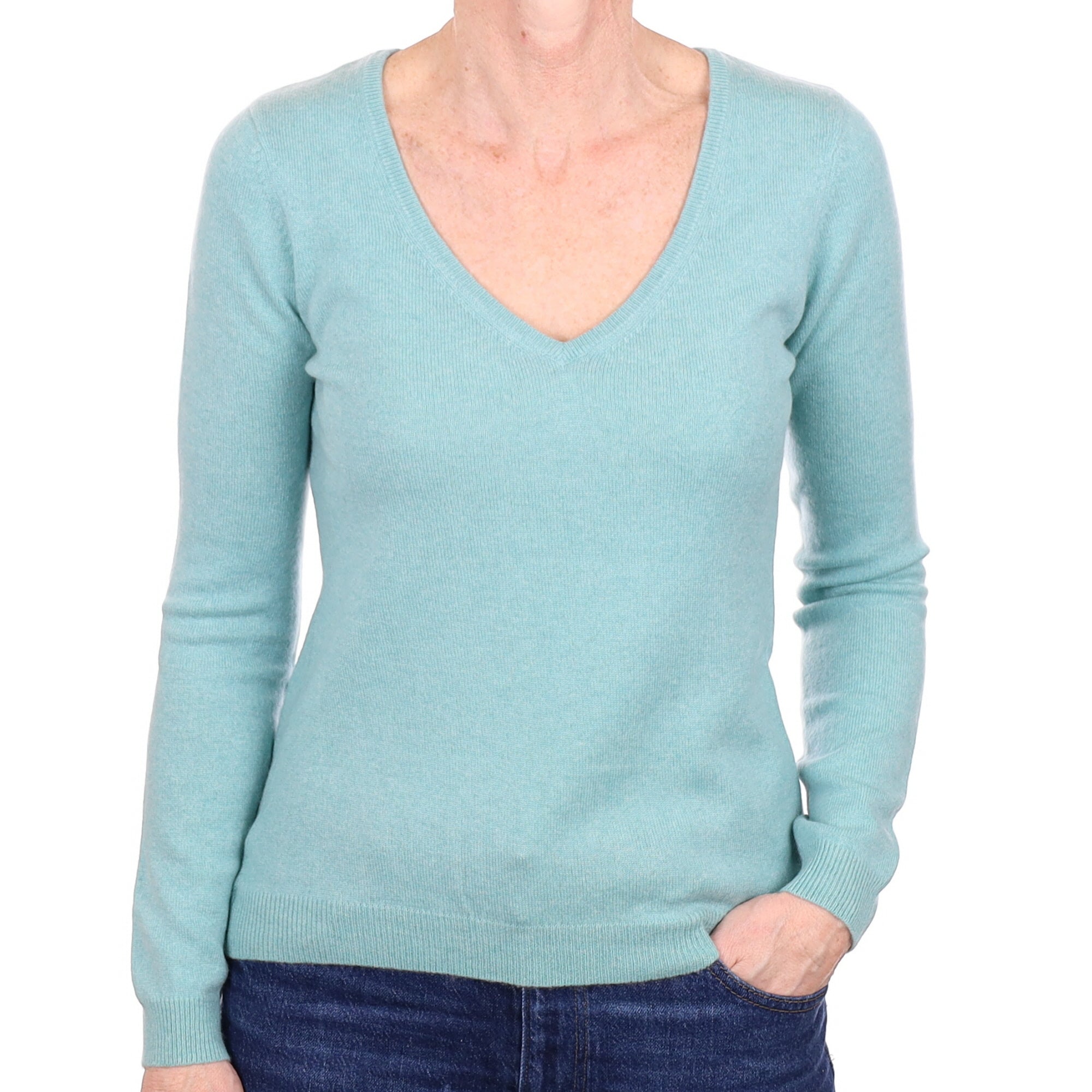 Aqua Green Cashmere V Neck Jumper Small