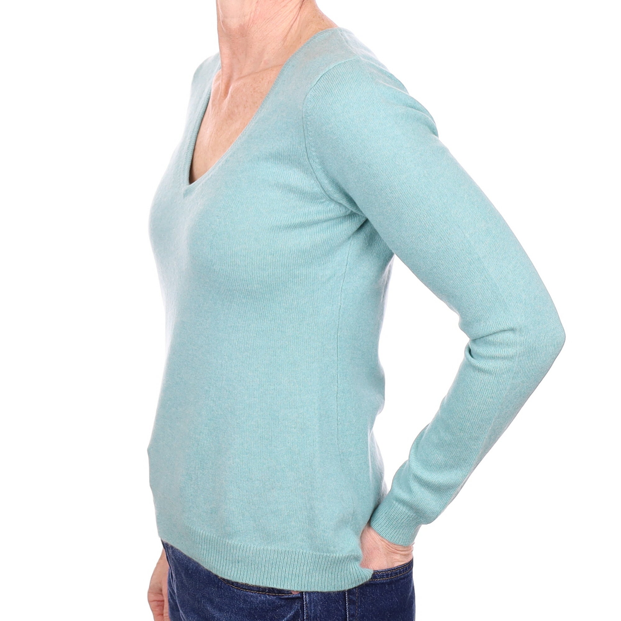 Aqua Green Cashmere V Neck Jumper Small