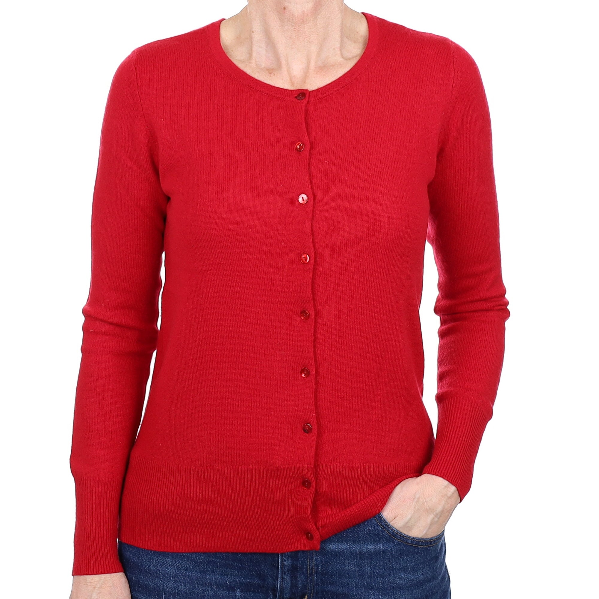 Post Box Red Cashmere Crew Neck Cardigan Small