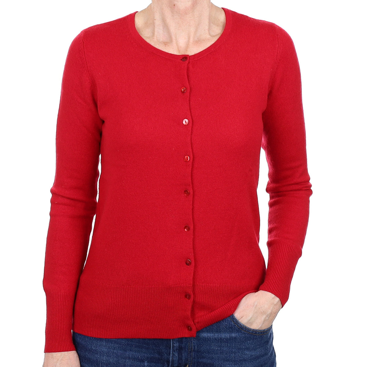 Post Box Red Cashmere Crew Neck Cardigan Small