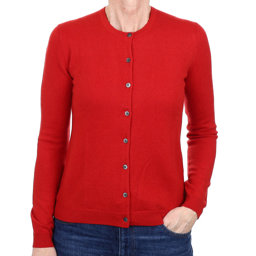 Crimson Red Cashmere Crew Neck Cardigan Small