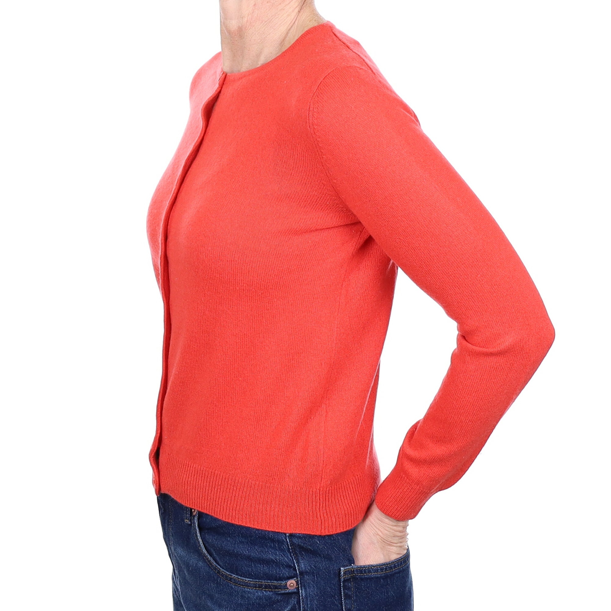 Coral Orange Cashmere Crew Neck Cardigan Small