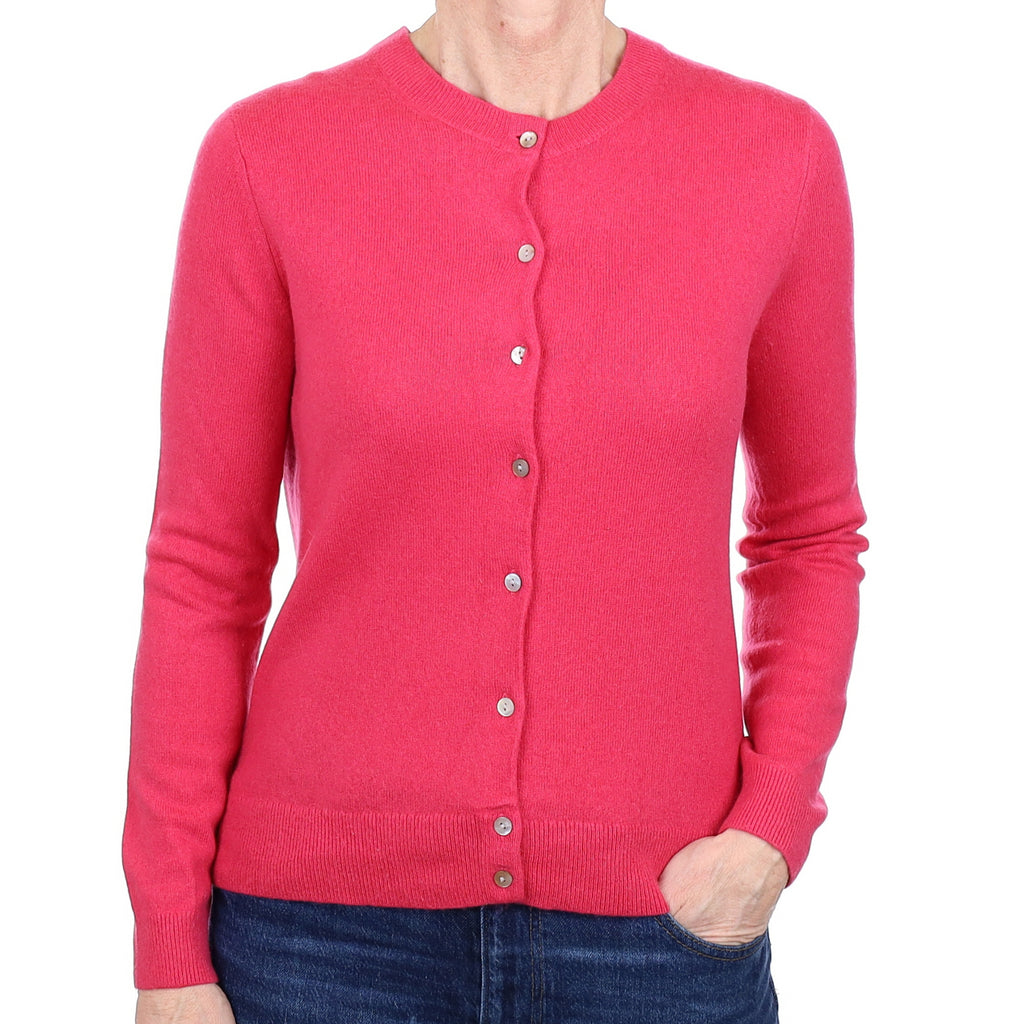 Raspberry Pink Cashmere Crew Neck Cardigan Small