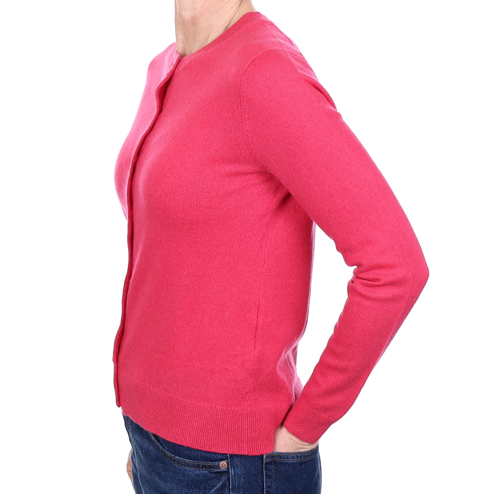 Raspberry Pink Cashmere Crew Neck Cardigan Small