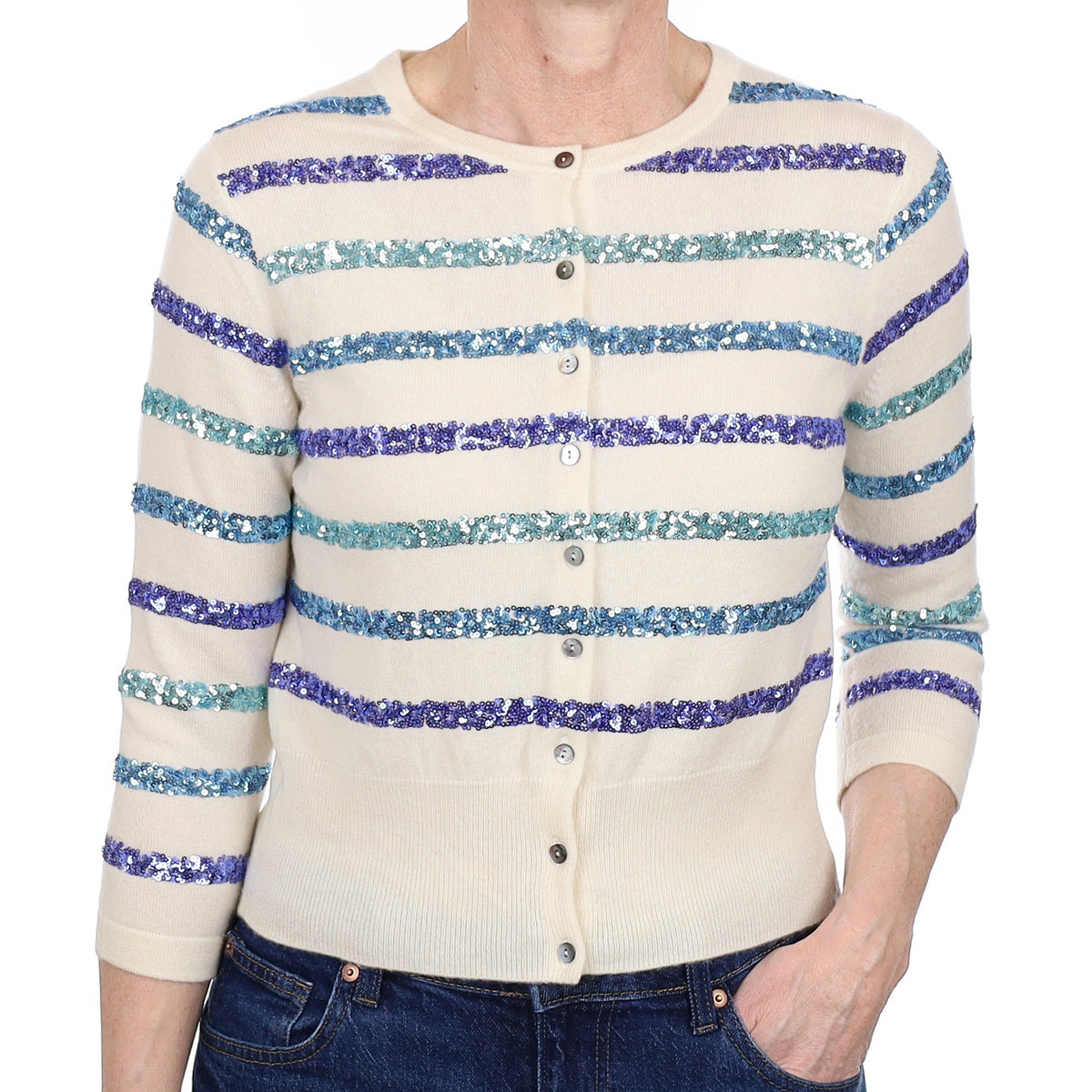 Cream Sequin Stripe Cashmere 3/4 Sleeve Crew Neck Cardigan Small
