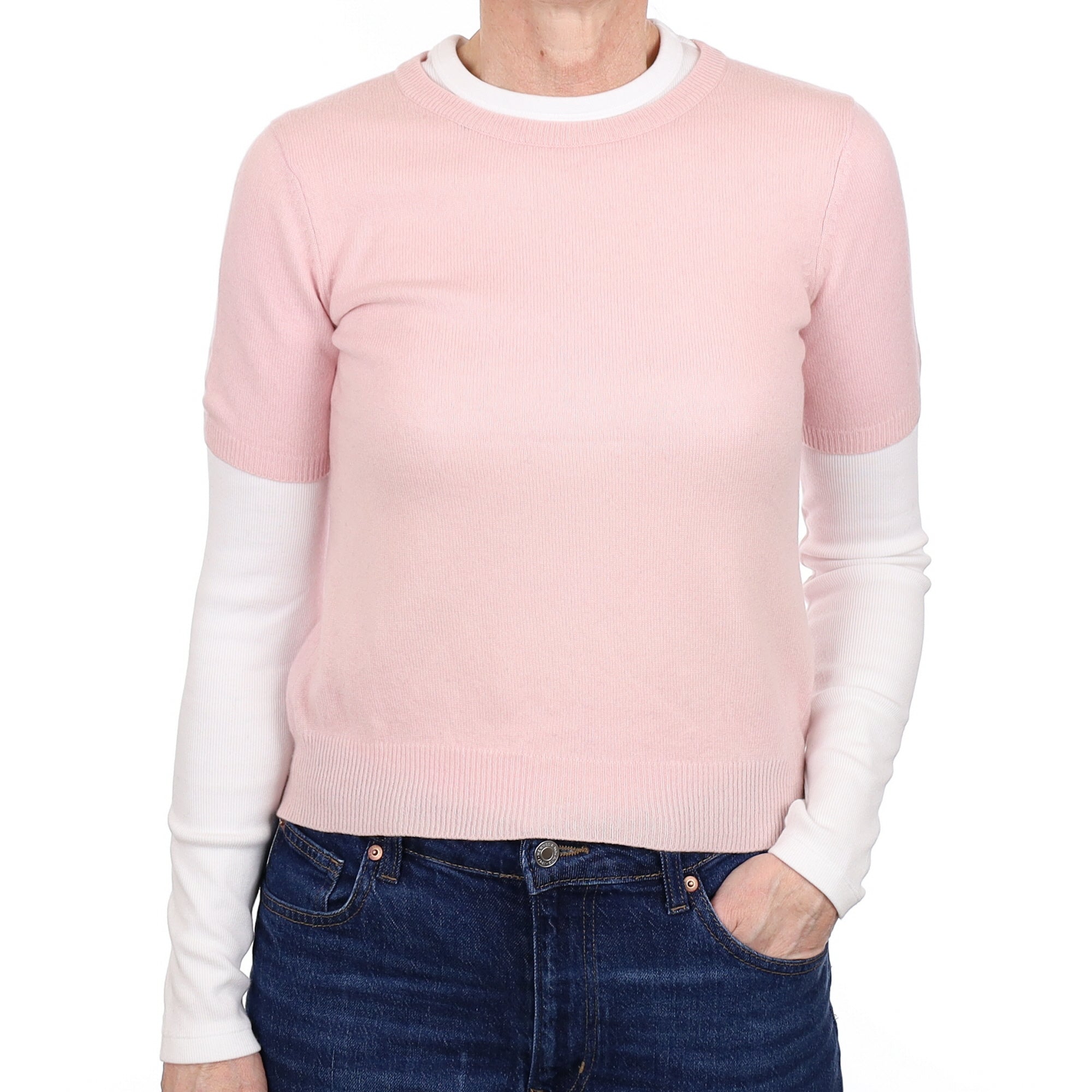 Shell Pink Cashmere Short Sleeved Crew Neck Jumper Small