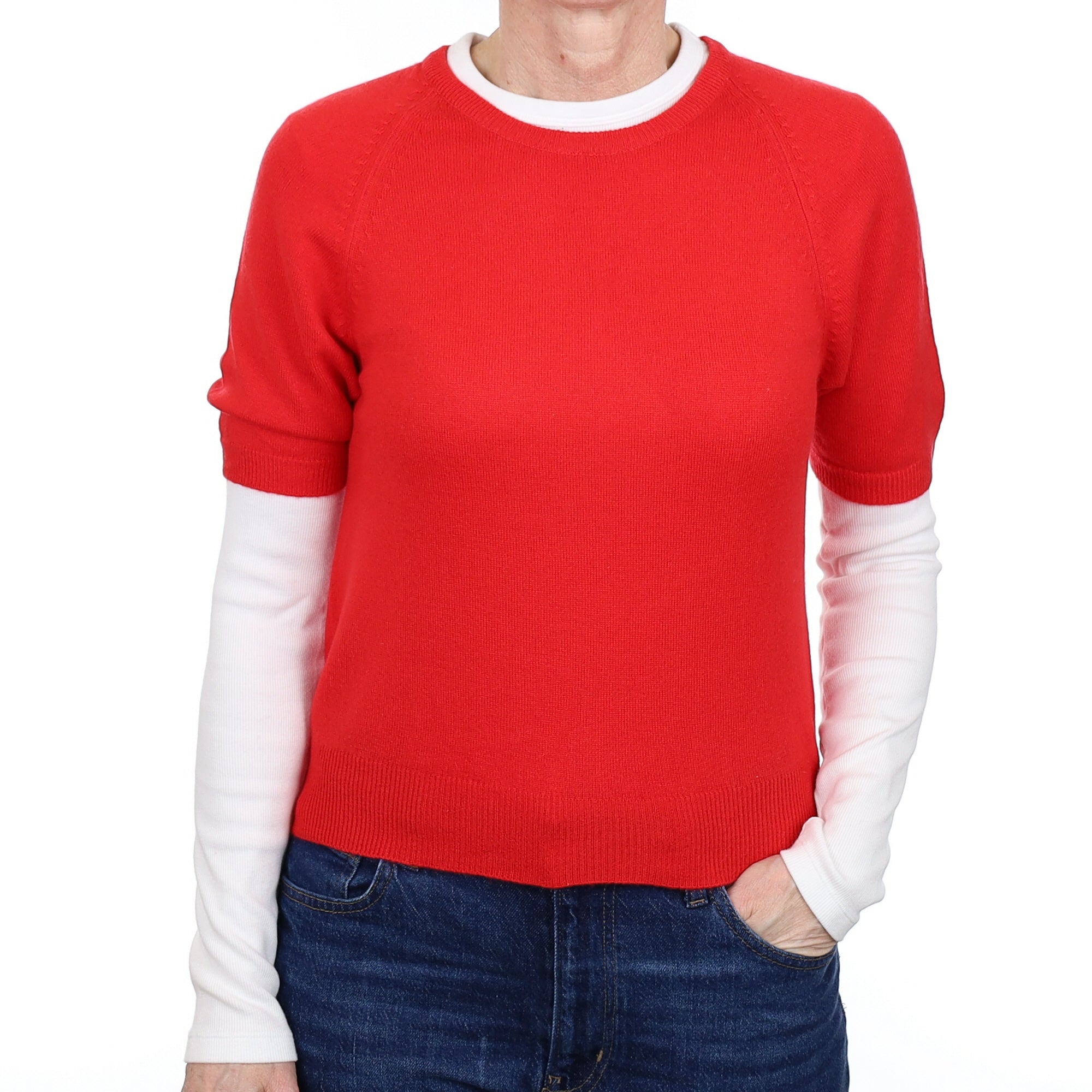 Vermillion Red Cashmere Short Sleeved Crew Neck Jumper Small