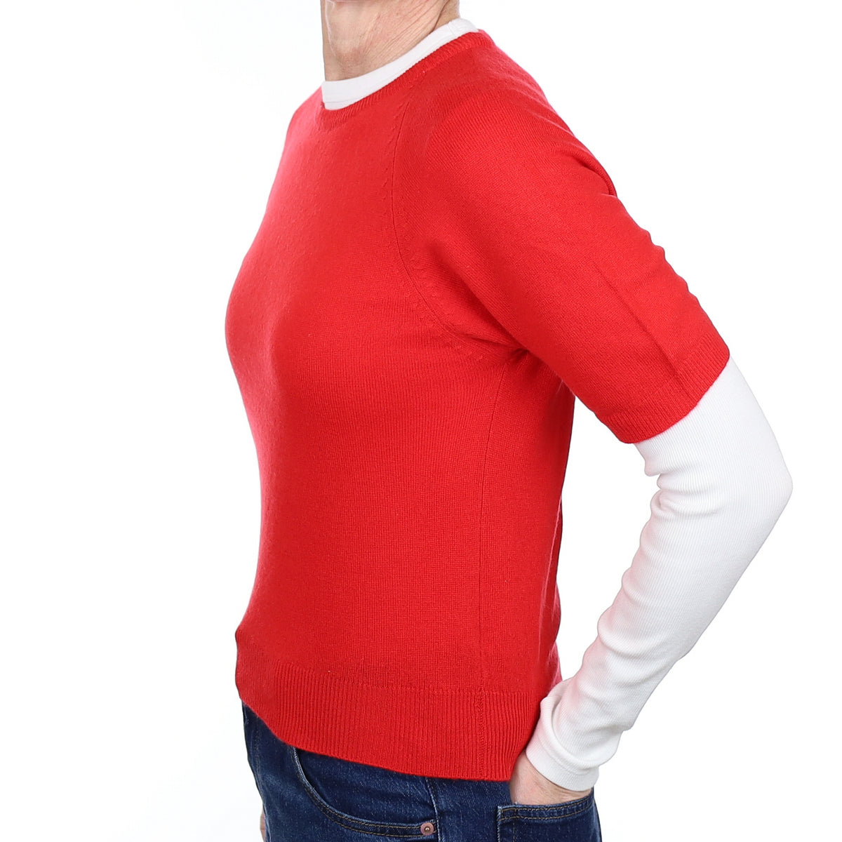 Vermillion Red Cashmere Short Sleeved Crew Neck Jumper Small