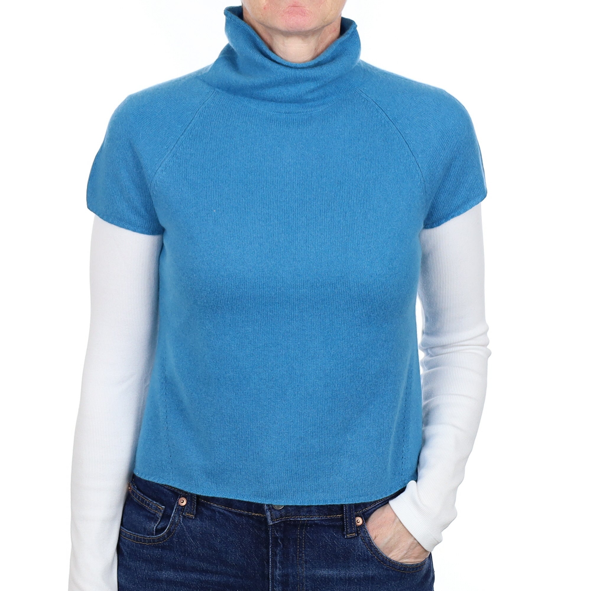 Teal Blue Cashmere Short Sleeved Polo Neck Jumper Small