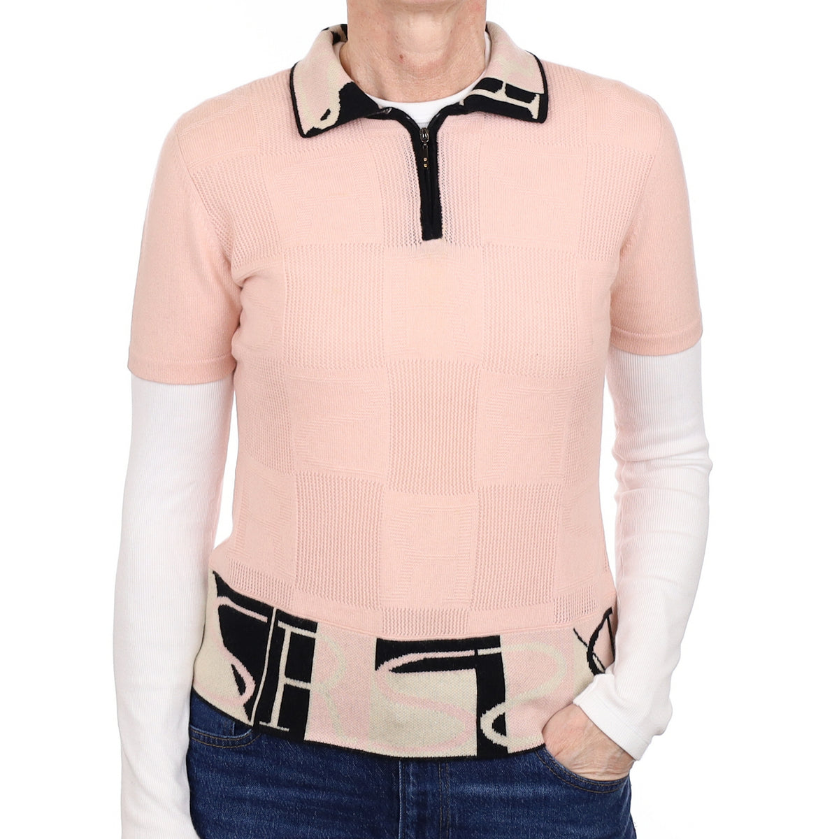 Pale Pink Patterned Cashmere Short Sleeved Quarter Zip Jumper Small