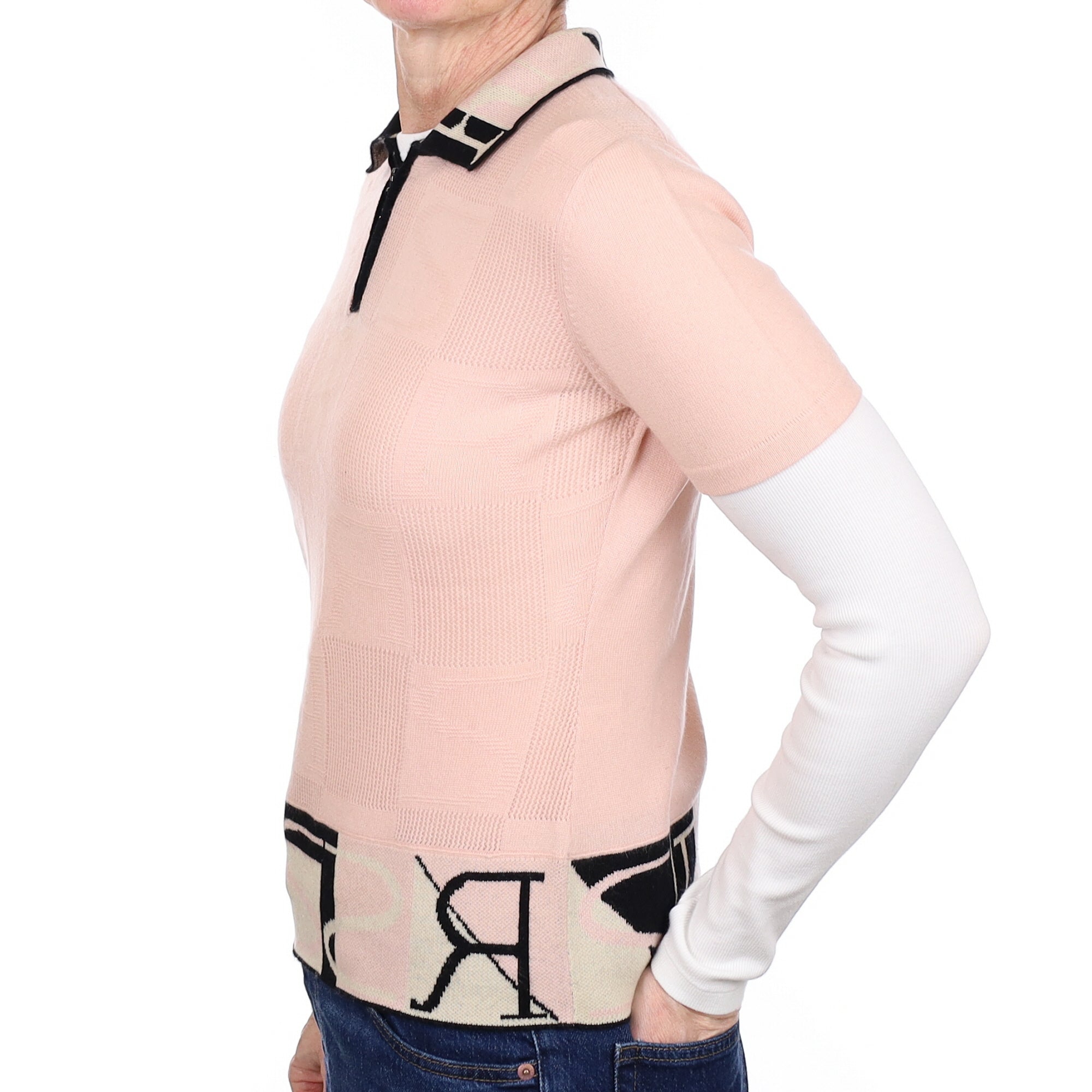 Pale Pink Patterned Cashmere Short Sleeved Quarter Zip Jumper Small