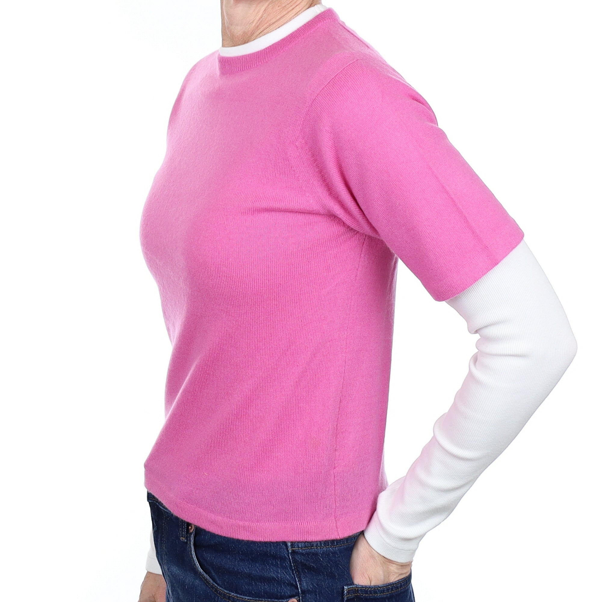 Scottish Sweet Pea Pink Cashmere Short Sleeved  Turtleneck Jumper Small