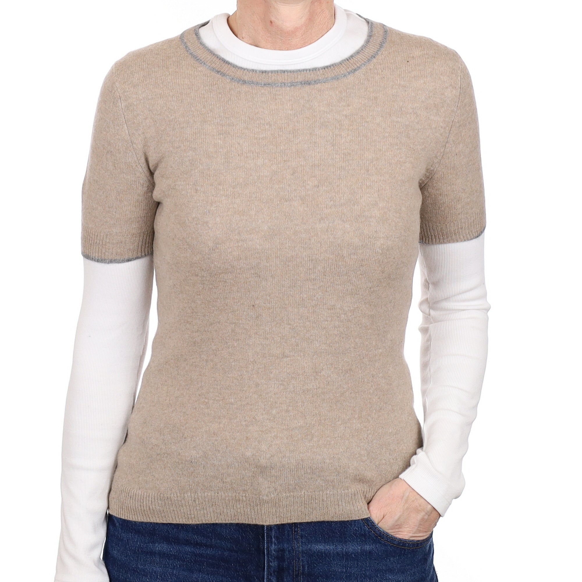 Oatmeal Cashmere Short Sleeved Crew Neck Jumper Small