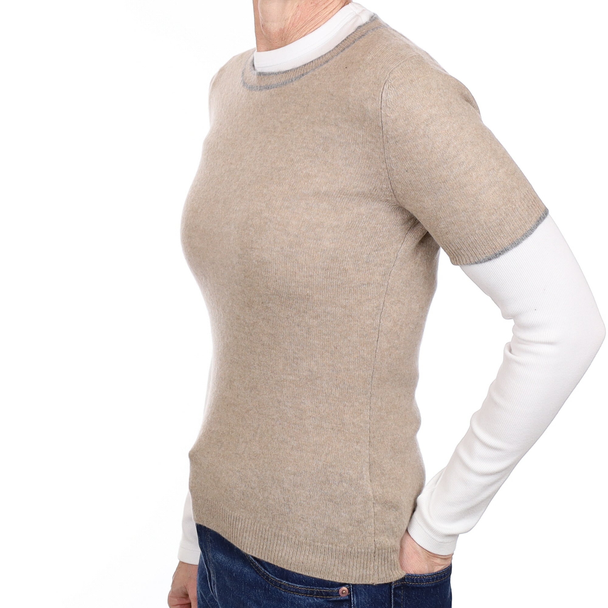 Oatmeal Cashmere Short Sleeved Crew Neck Jumper Small