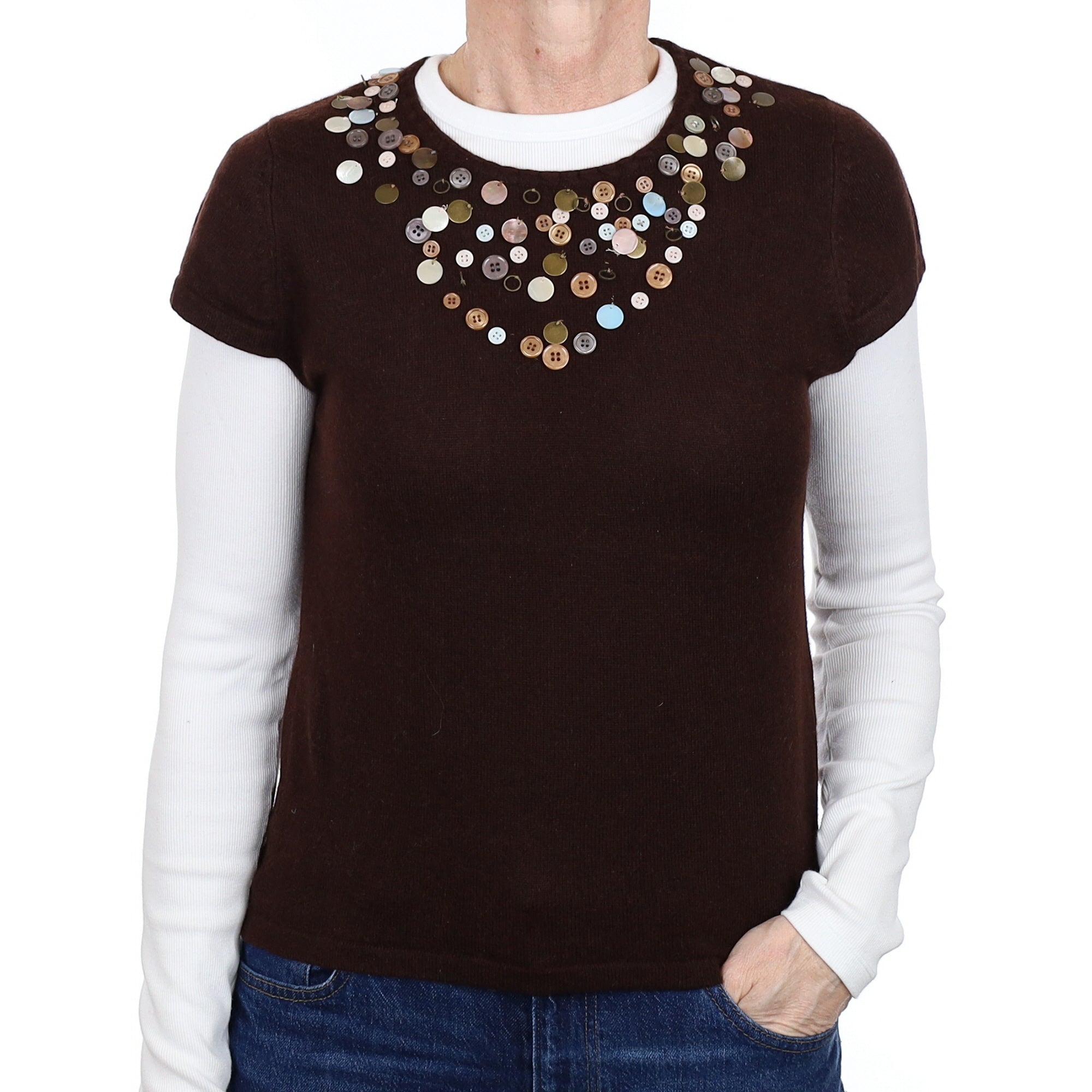 Chocolate Brown Button Detail Cashmere Short Sleeved Crew Neck Jumper Small