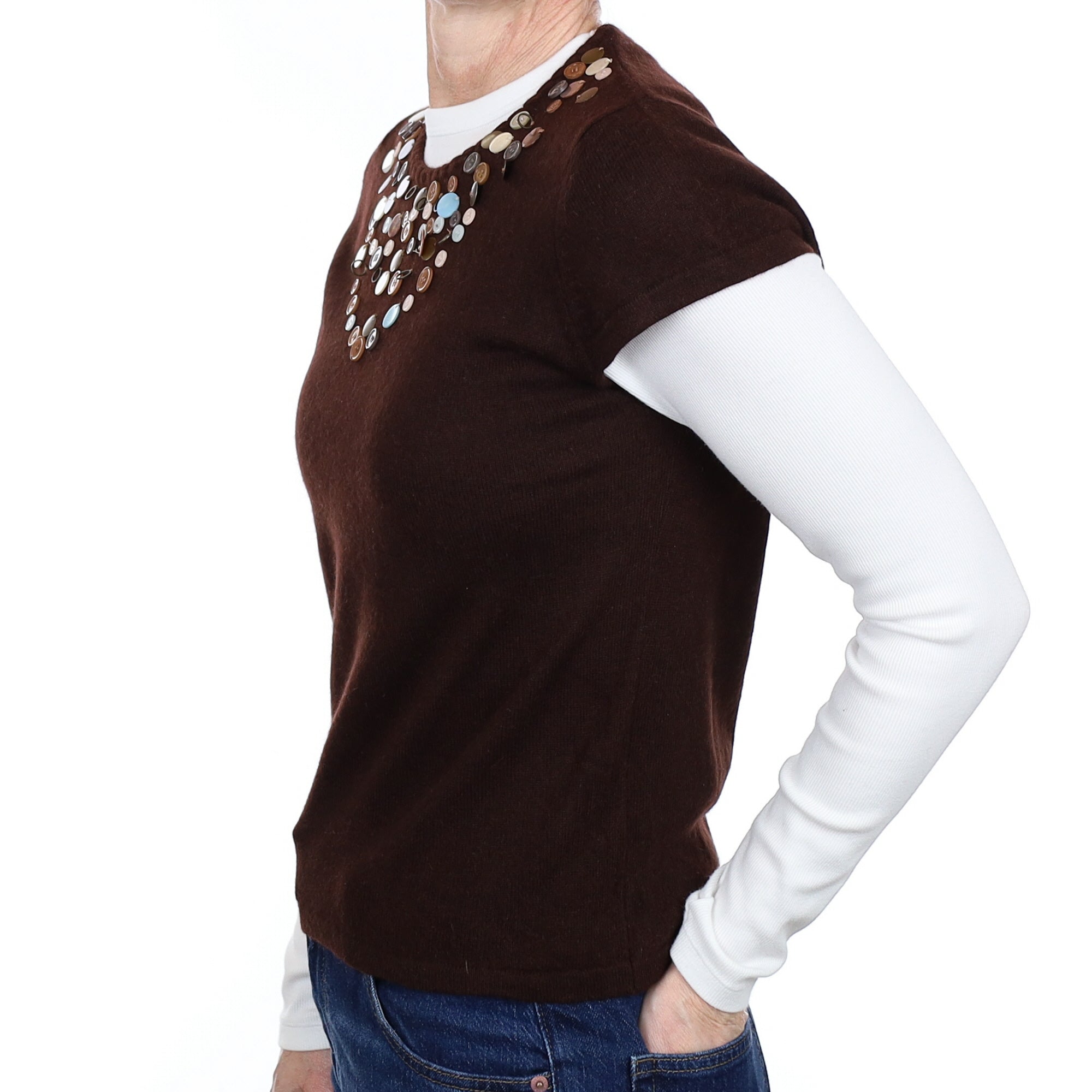 Chocolate Brown Button Detail Cashmere Short Sleeved Crew Neck Jumper Small