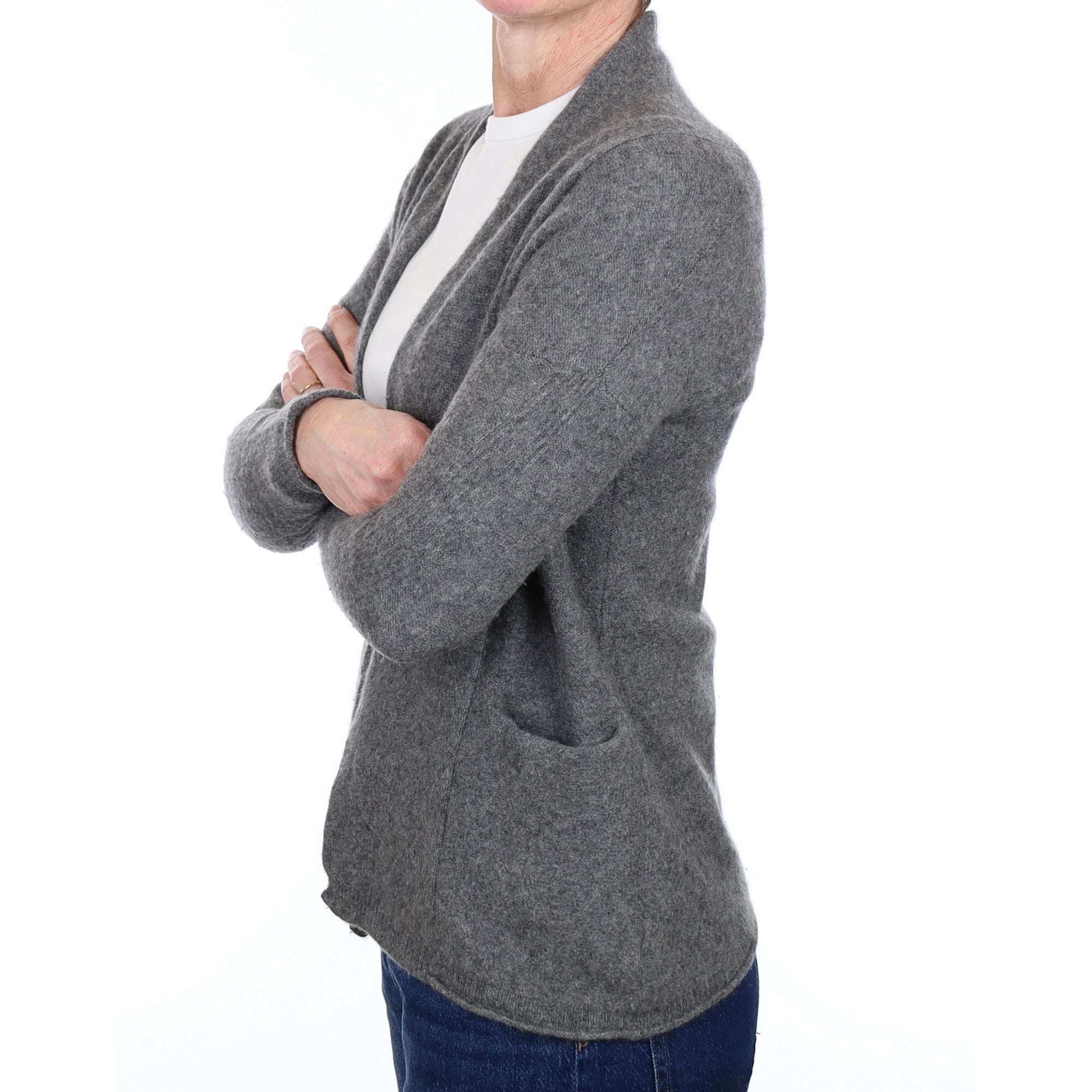 Smoke Grey Cashmere Edge to Edge Cardigan with Pockets Small