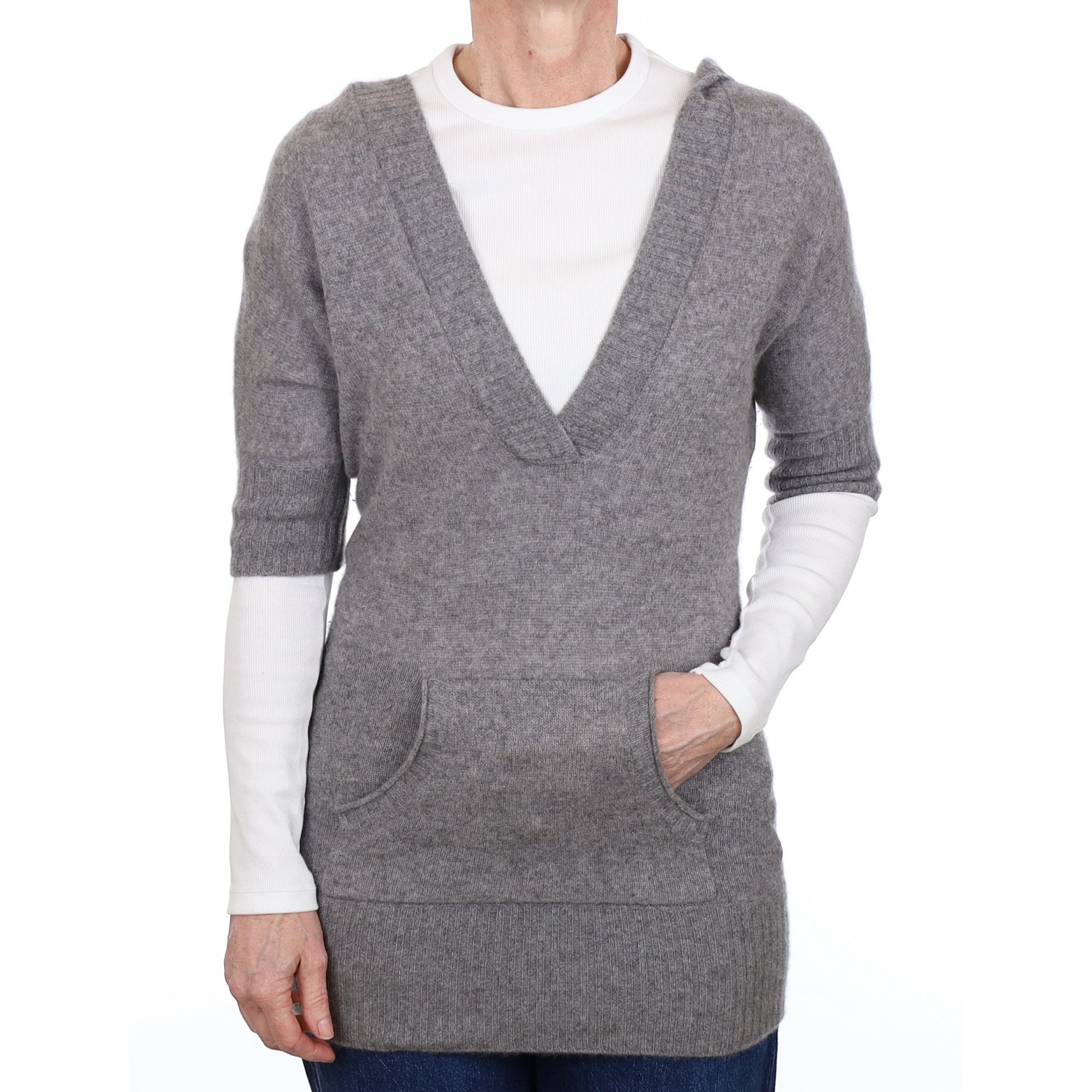 Ash Grey Cashmere V Neck Longline Hoodie Small