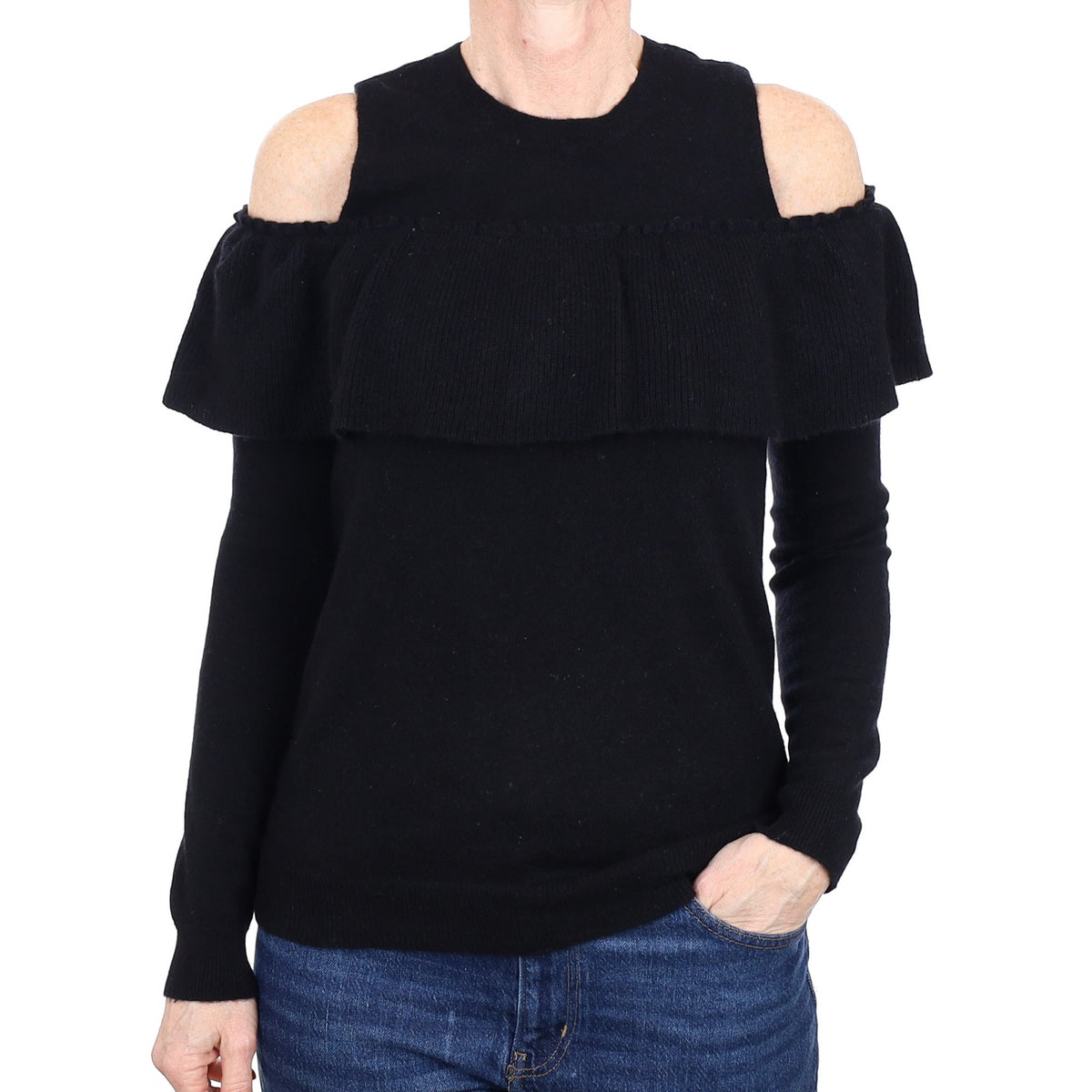 Black Cashmere Crew Neck Cold Shoulder Jumper Small
