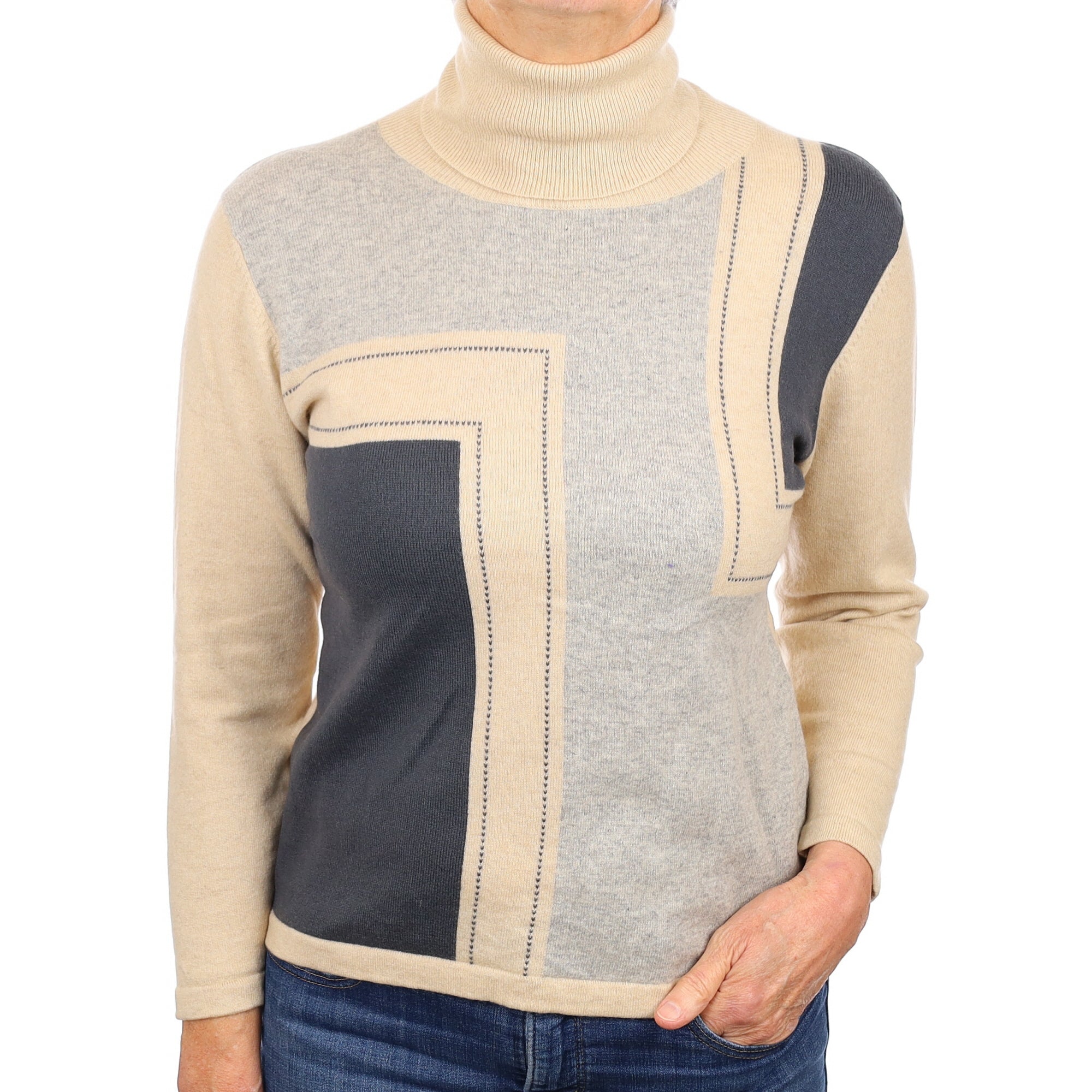 Beige and Grey Patterned Cashmere Polo Neck Jumper Medium