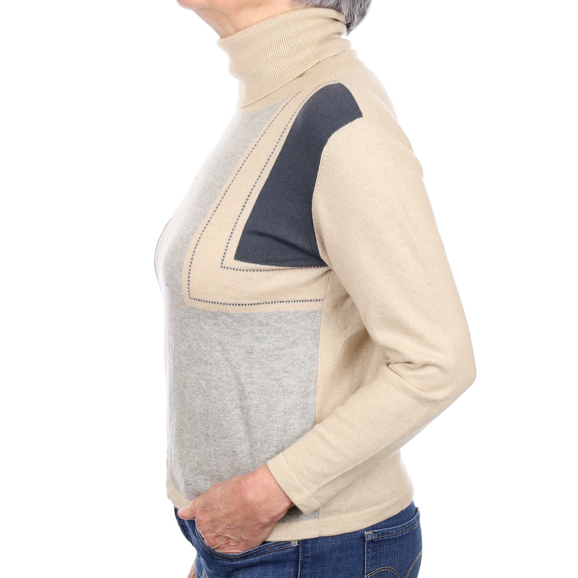 Beige and Grey Patterned Cashmere Polo Neck Jumper Medium
