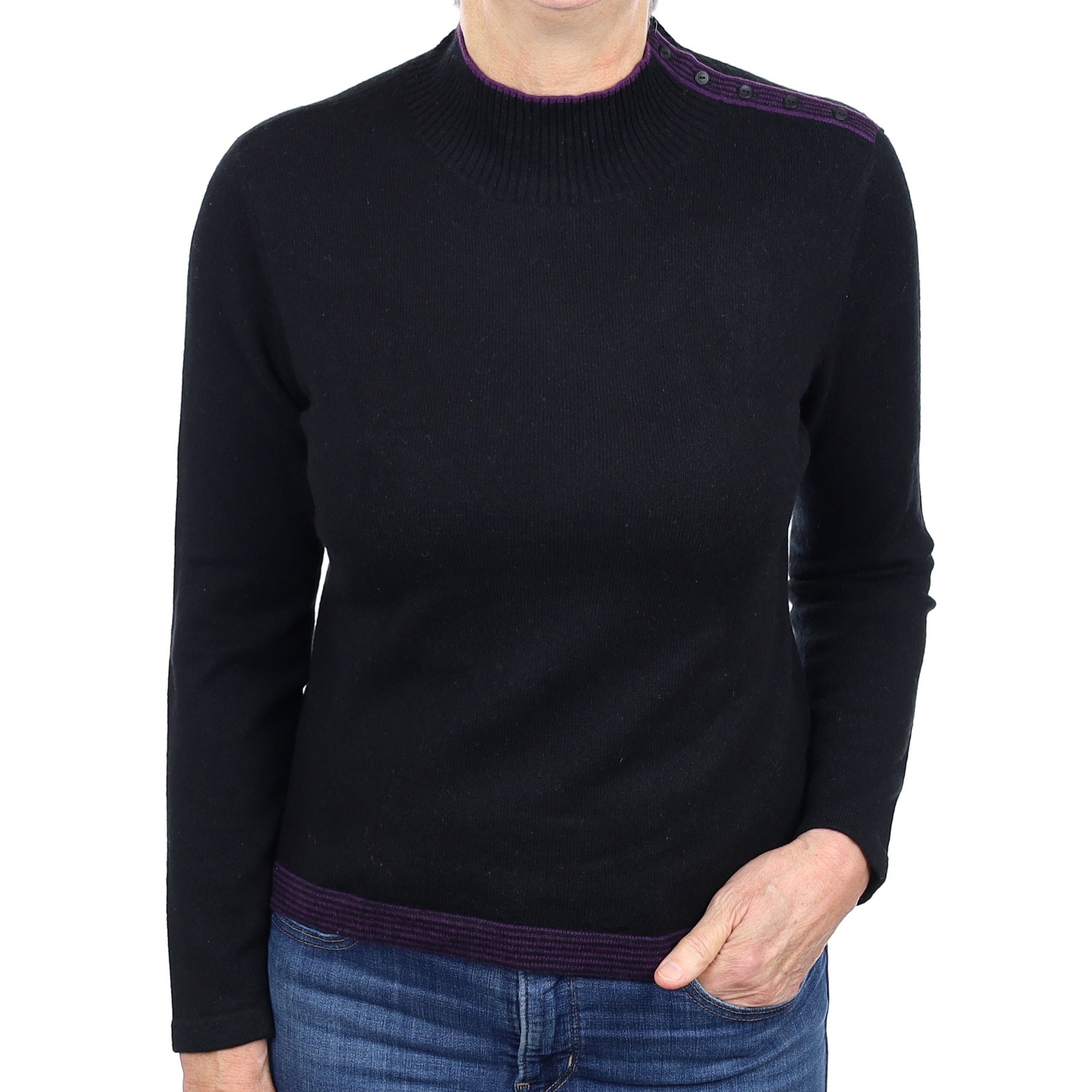 Black Purple Trim Cashmere Turtleneck Jumper Medium