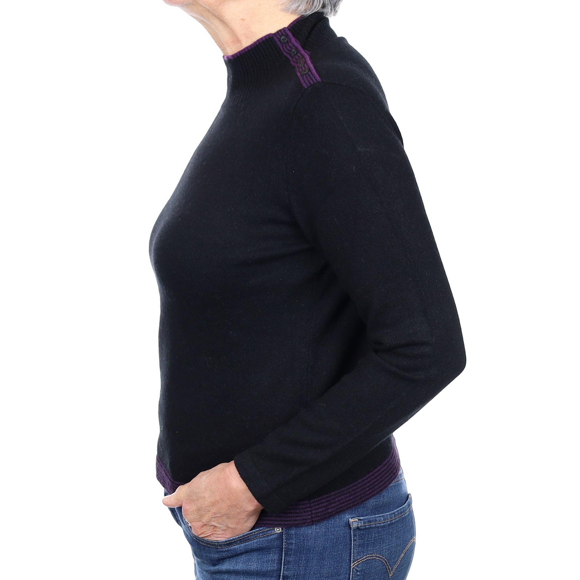 Black Purple Trim Cashmere Turtleneck Jumper Medium