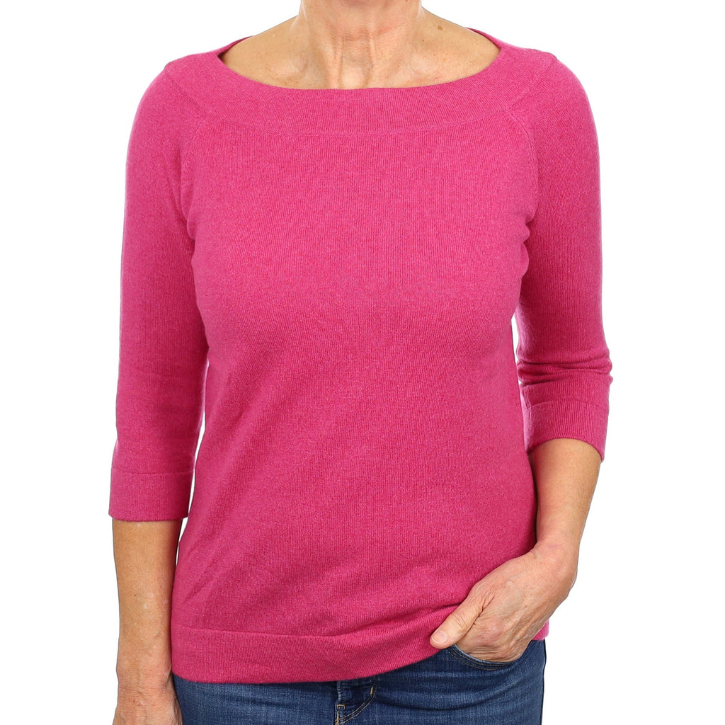 Fuchsia Pink Cashmere 3/4 Sleeve Boat Neck Jumper Medium