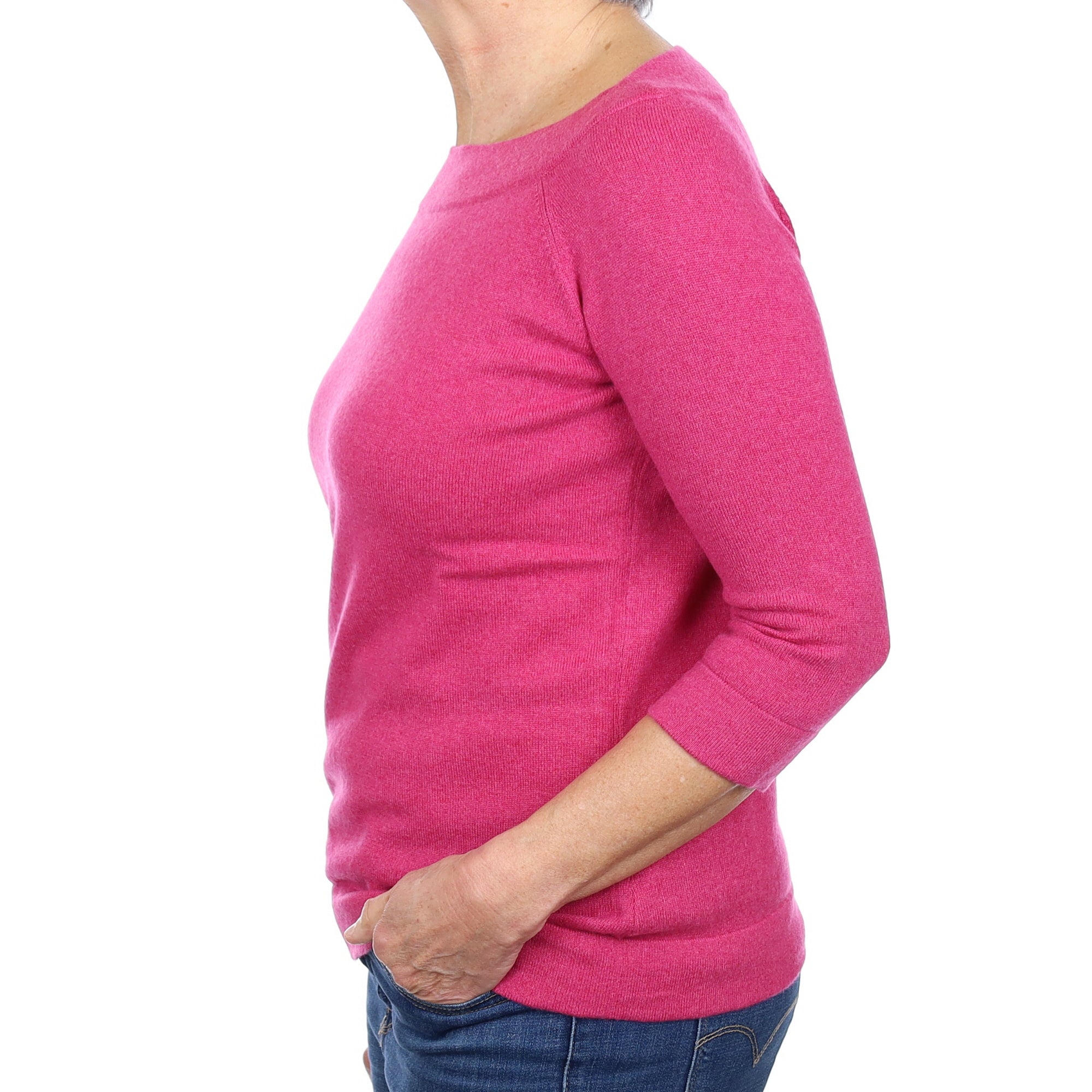 Fuchsia Pink Cashmere 3/4 Sleeve Boat Neck Jumper Medium