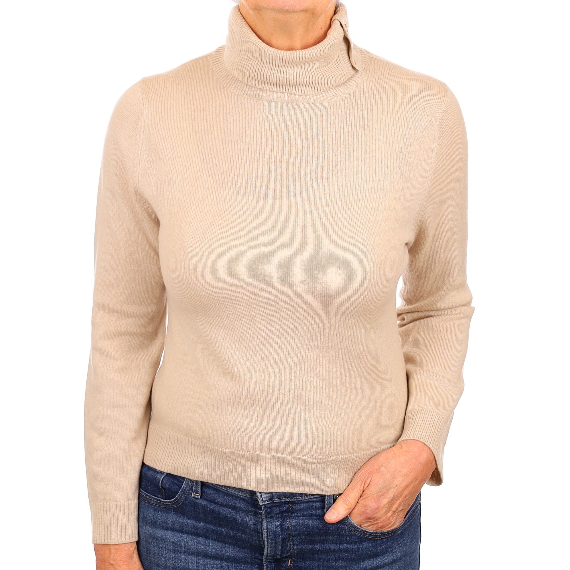 Fawn Cashmere Buttoned Polo Neck Jumper Medium