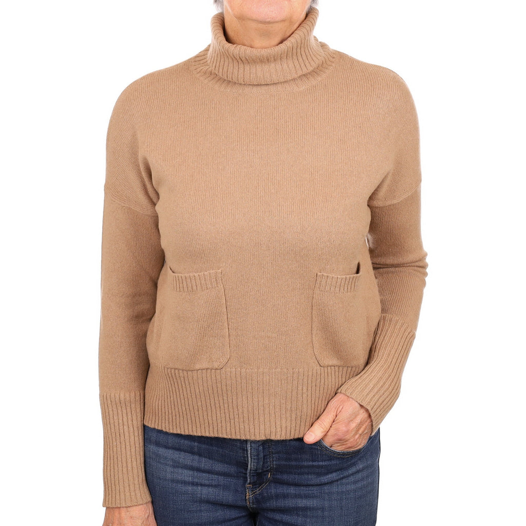Fudge Brown Cashmere Boxy Polo Neck Jumper with Pockets Medium