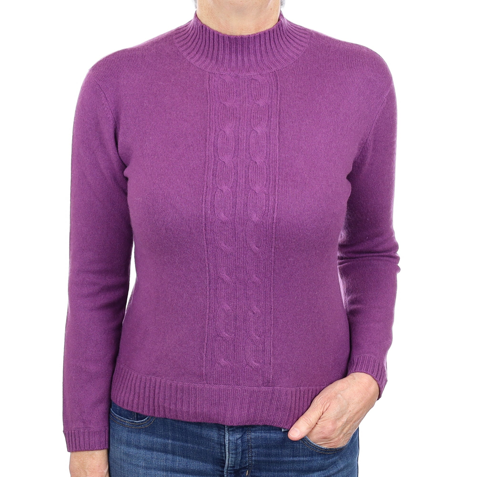 Violet Purple Cable Detail Cashmere Turtle Neck Jumper Medium