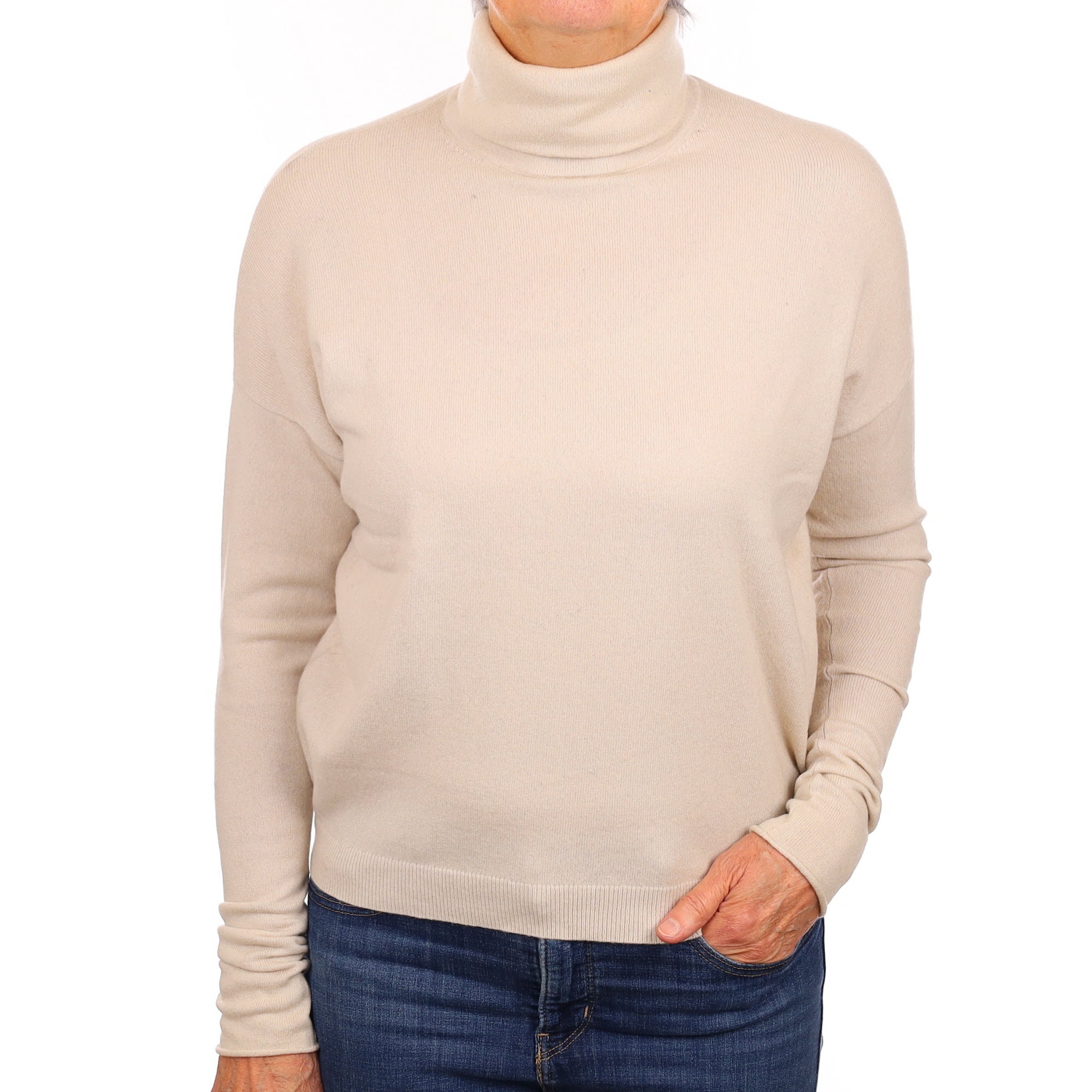 Cos Oatmeal Cashmere Polo Neck Jumper with Rolled Edges on cuffs Medium