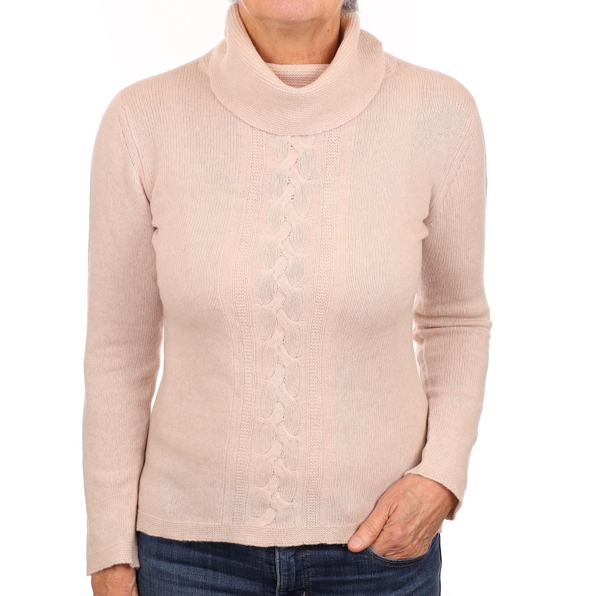 Shell Pink Cable Detail Cashmere Polo Neck Jumper Medium