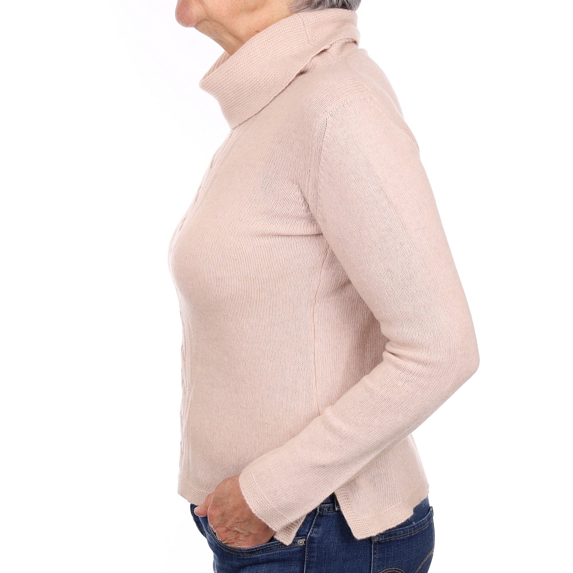 Shell Pink Cable Detail Cashmere Polo Neck Jumper Medium