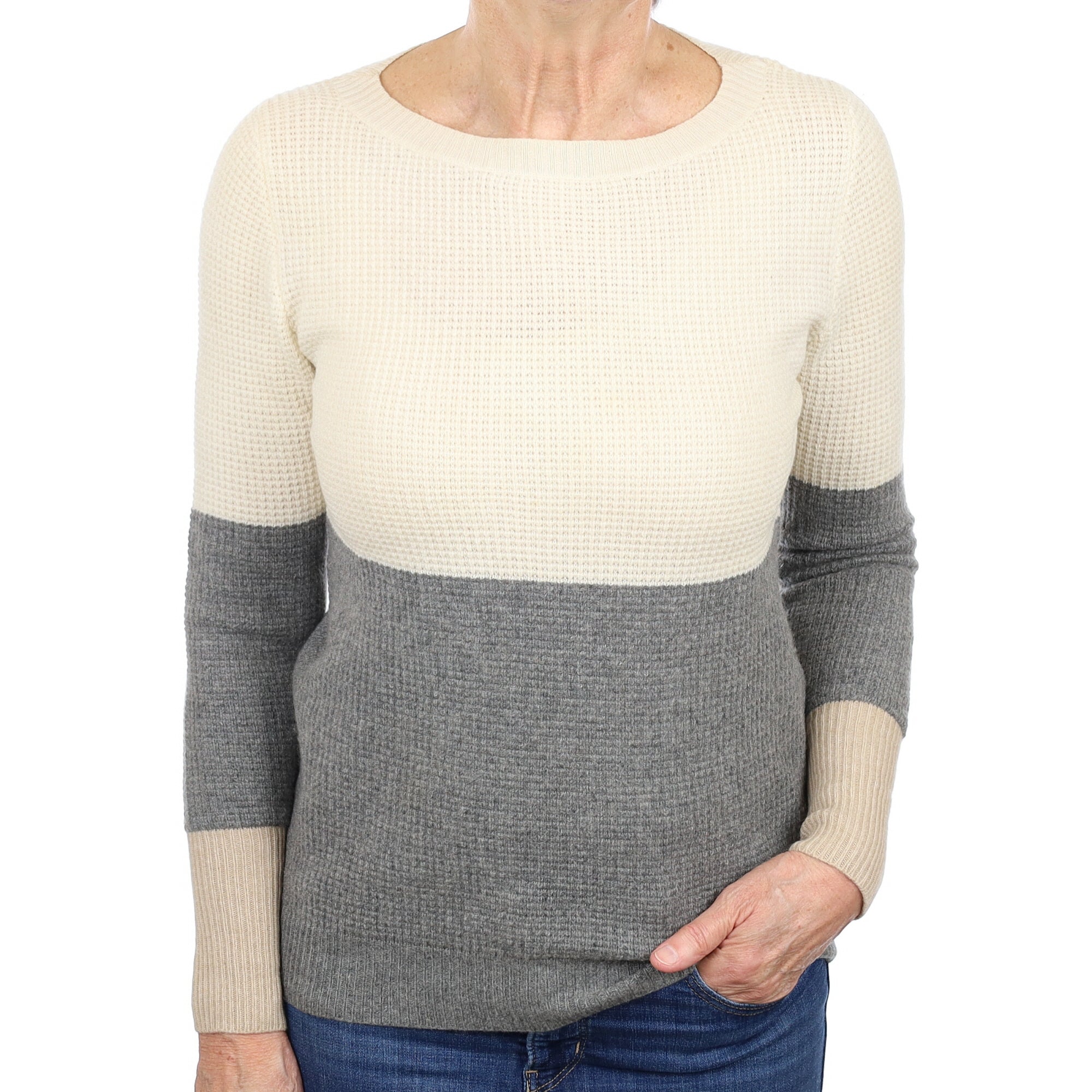 Cream and Grey Waffle Cashmere Crew Neck Jumper Medium