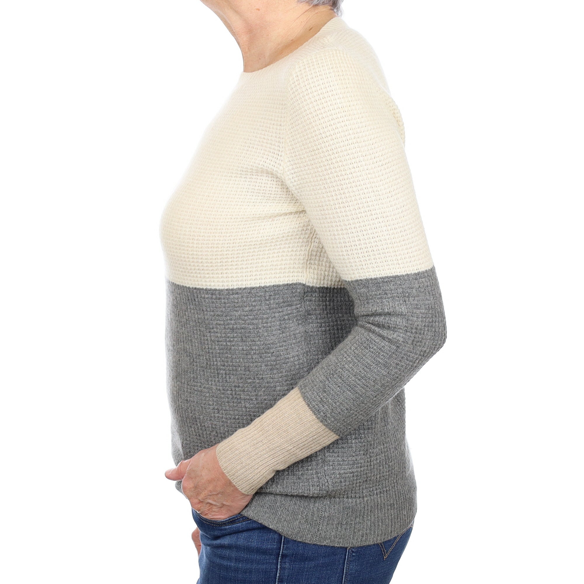 Cream and Grey Waffle Cashmere Crew Neck Jumper Medium